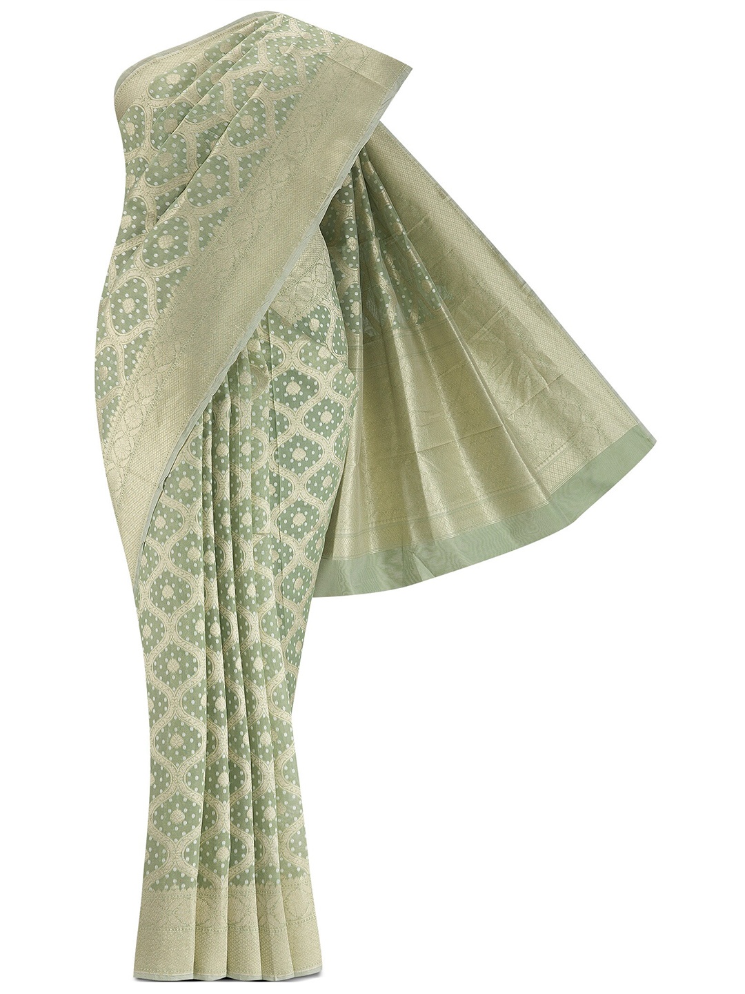 

Nalli Next Green & Gold-Toned Woven Design Zari Silk Cotton Banarasi Saree