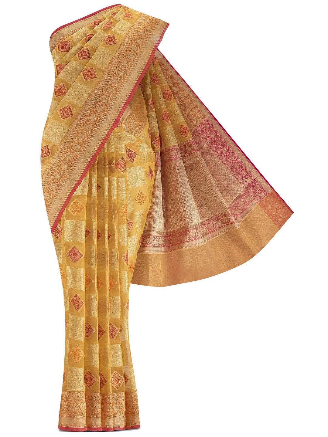 

Nalli Next Women Yellow & Pink Woven Design Zari Saree