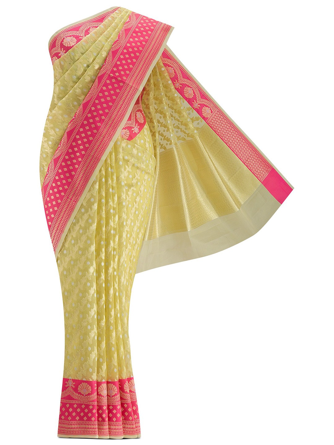 

Nalli Next Yellow & Pink Woven Design Zari Saree