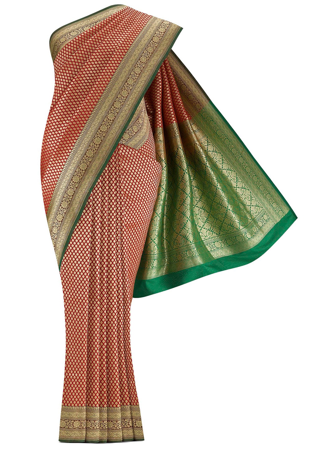 

Nalli Next Red & Green Woven Design Zari Art Silk Banarasi Saree