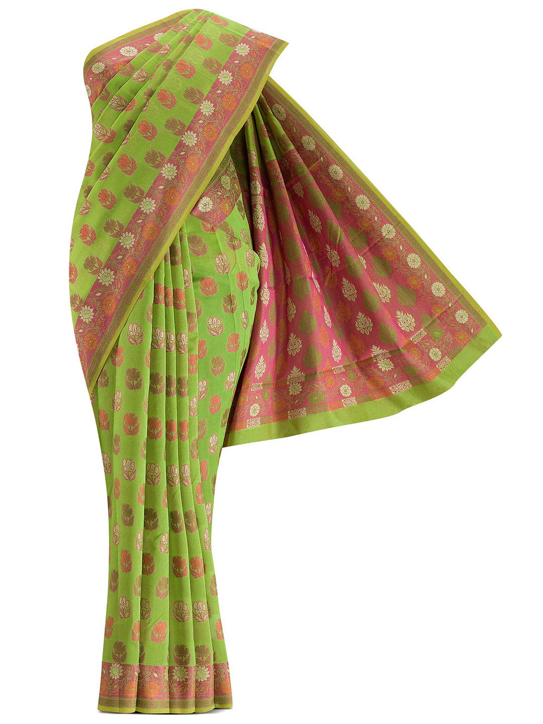 

Nalli Next Green & Pink Floral Zari Silk Cotton Banarasi Saree