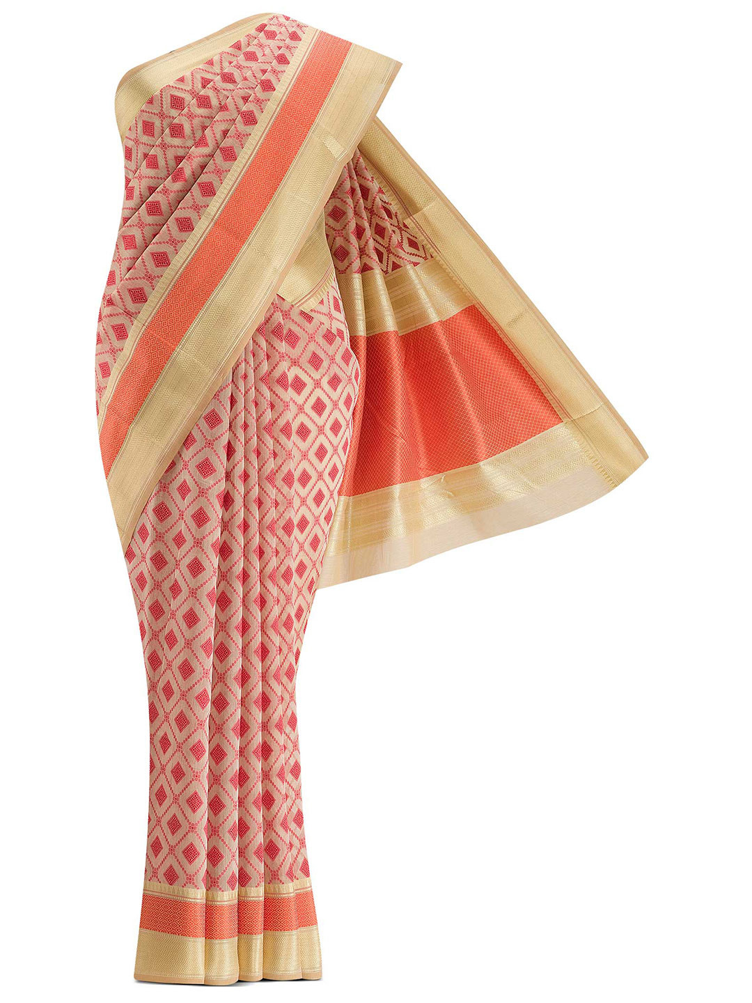

Nalli Next Cream-Coloured & Red Woven Design Silk Cotton Banarasi Saree