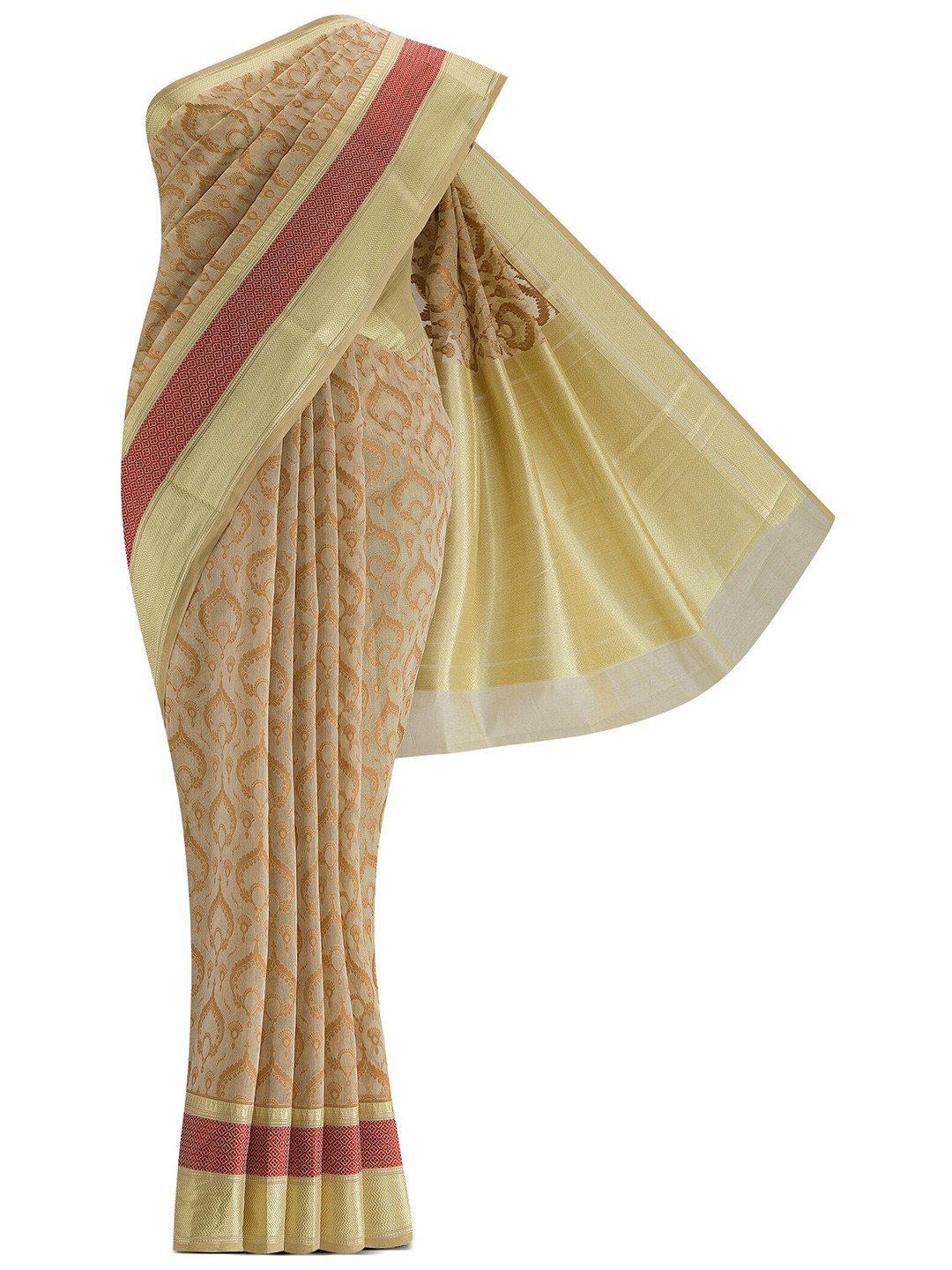 

Nalli Next Women Beige & Red Woven Design Zari Silk Cotton Banarasi Saree