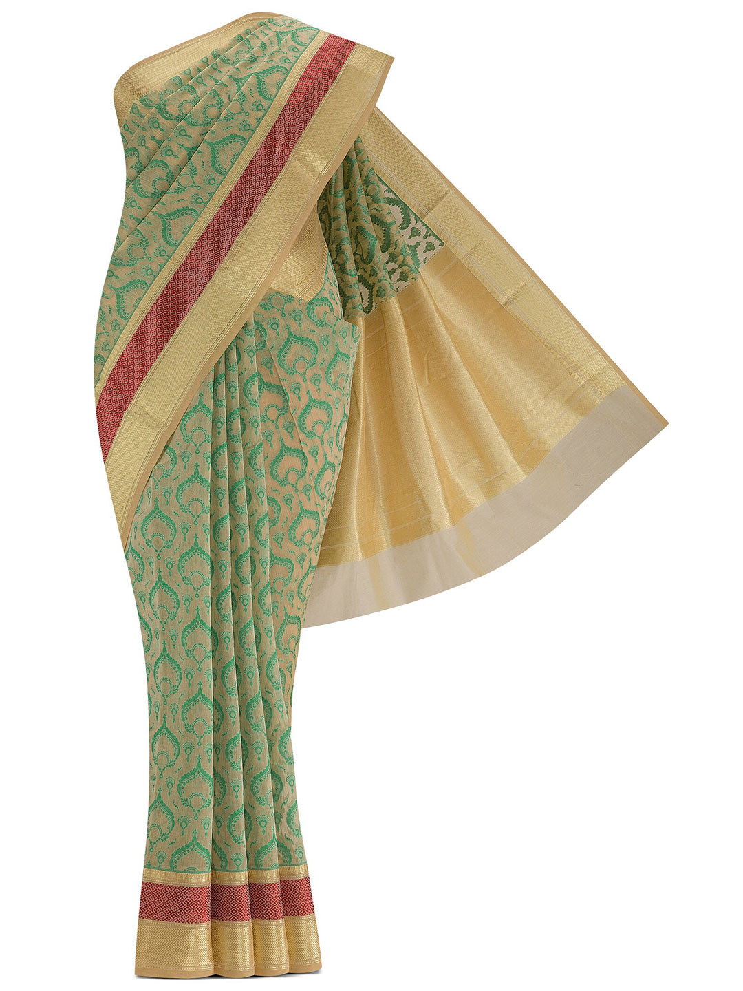 

Nalli Next Beige & Green Ethnic Motifs Zari Silk Cotton Banarasi Saree