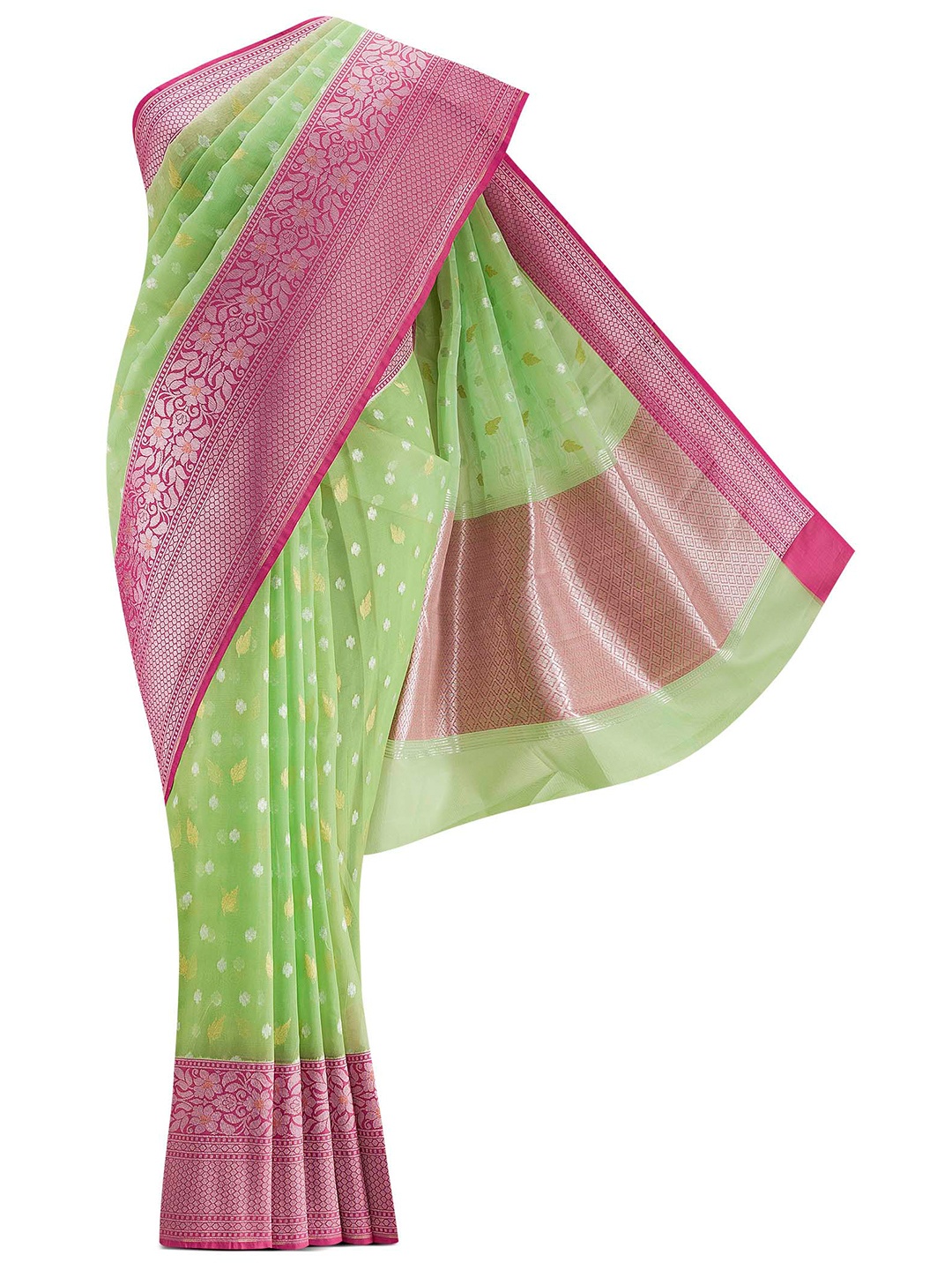 

Nalli Next Green & Pink Woven Design Zari Organza Saree