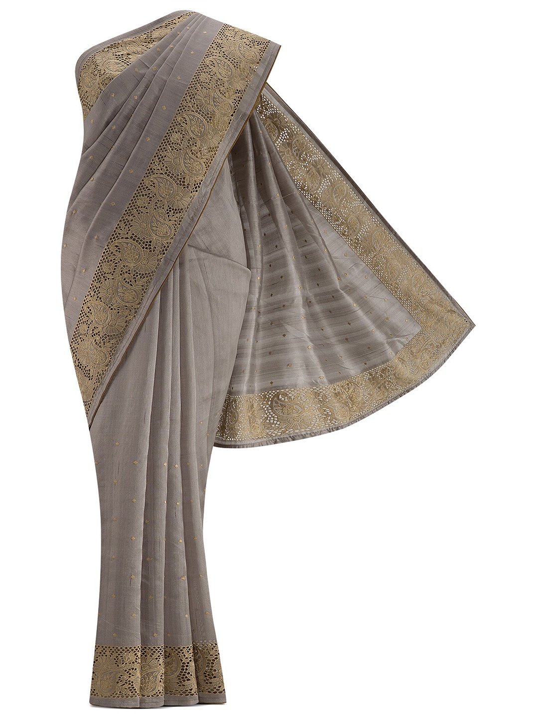 

Nalli Next Grey & Gold-Toned Ethnic Motifs Silk Blend Tussar Saree