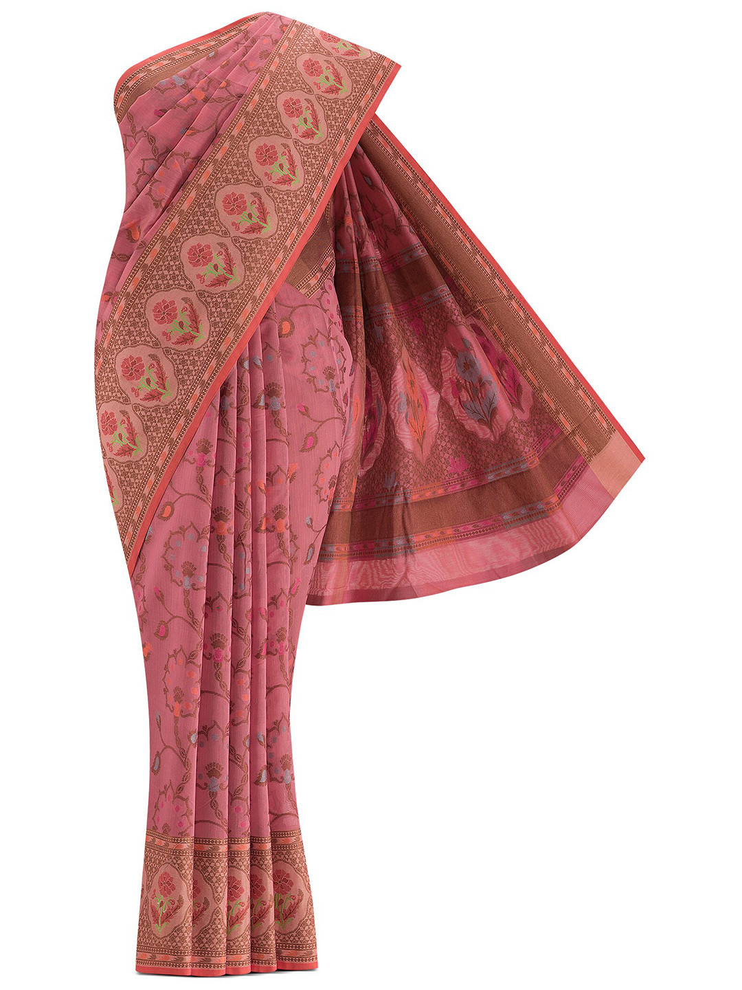 

Nalli Next Pink & Brown Floral Zari Silk Cotton Banarasi Saree