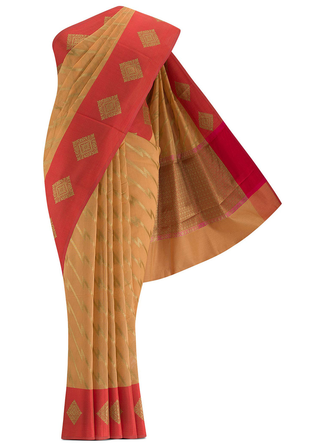 

Nalli Next Orange & Pink Striped Zari Silk Cotton Banarasi Saree