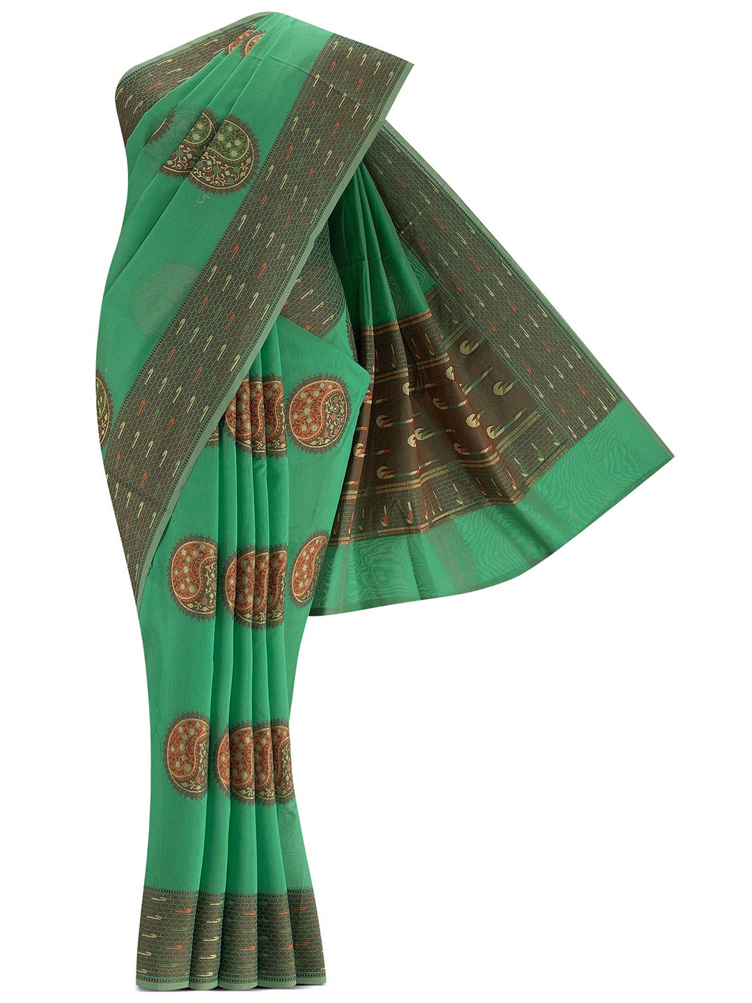 

Nalli Next Women Green & Mustard Woven Design Zari Silk Cotton Banarasi Saree