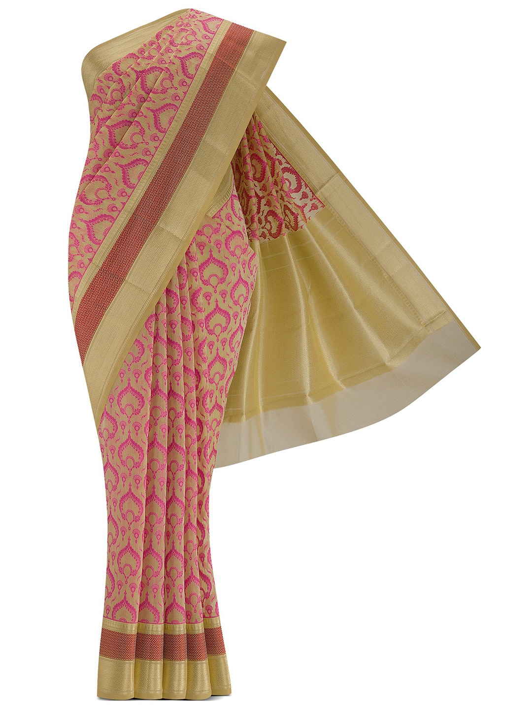 

Nalli Next Beige & Pink Ethnic Motifs Zari Silk Cotton Banarasi Saree
