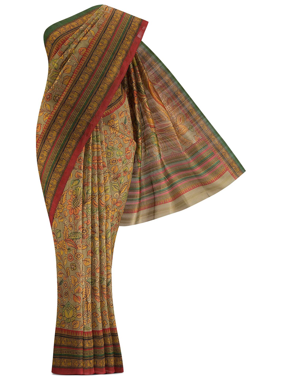 

Nalli Next Green & Red Floral Silk Blend Tussar Saree