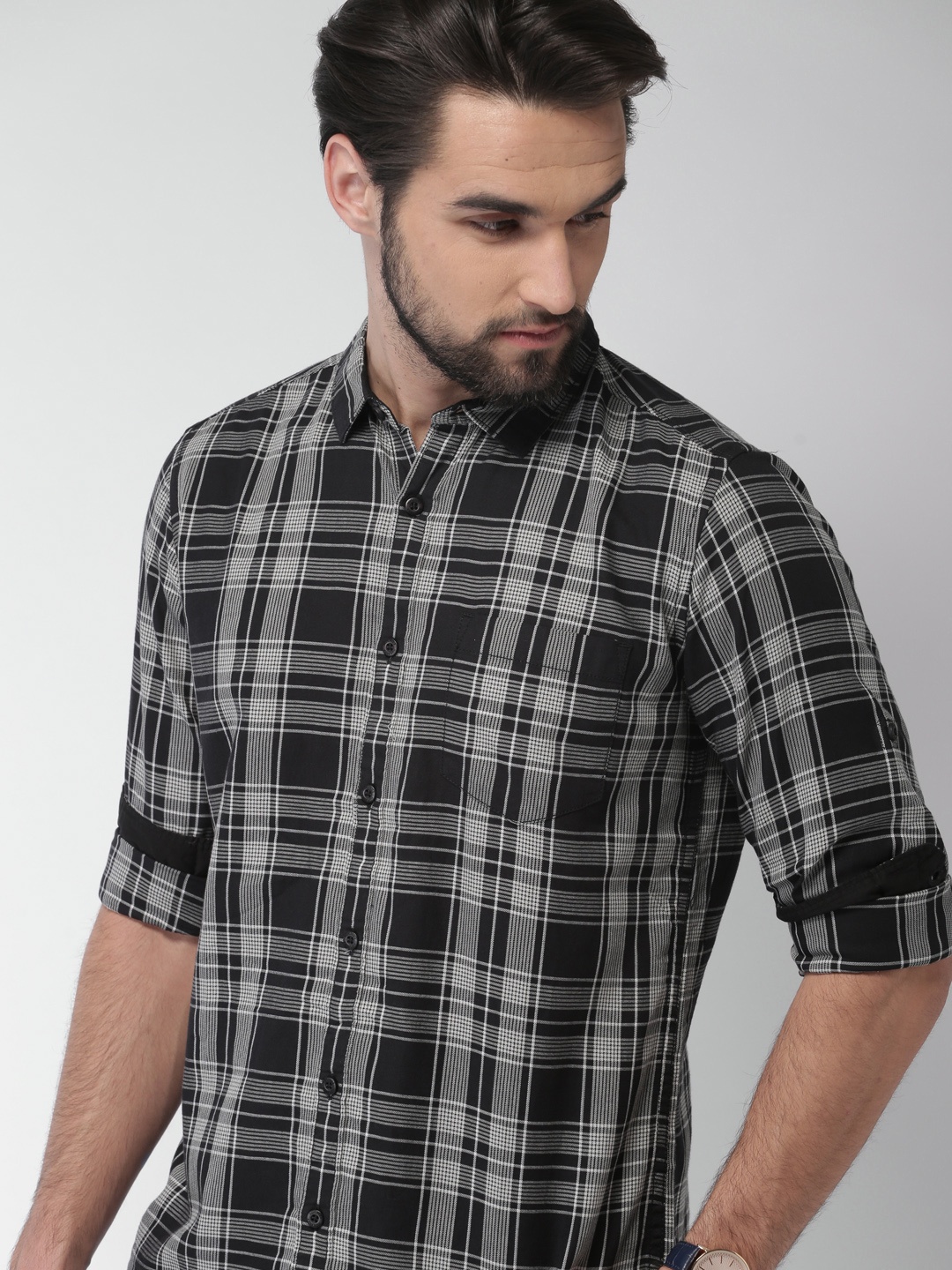 

HIGHLANDER Men Black & Grey Slim Fit Checked Casual Shirt