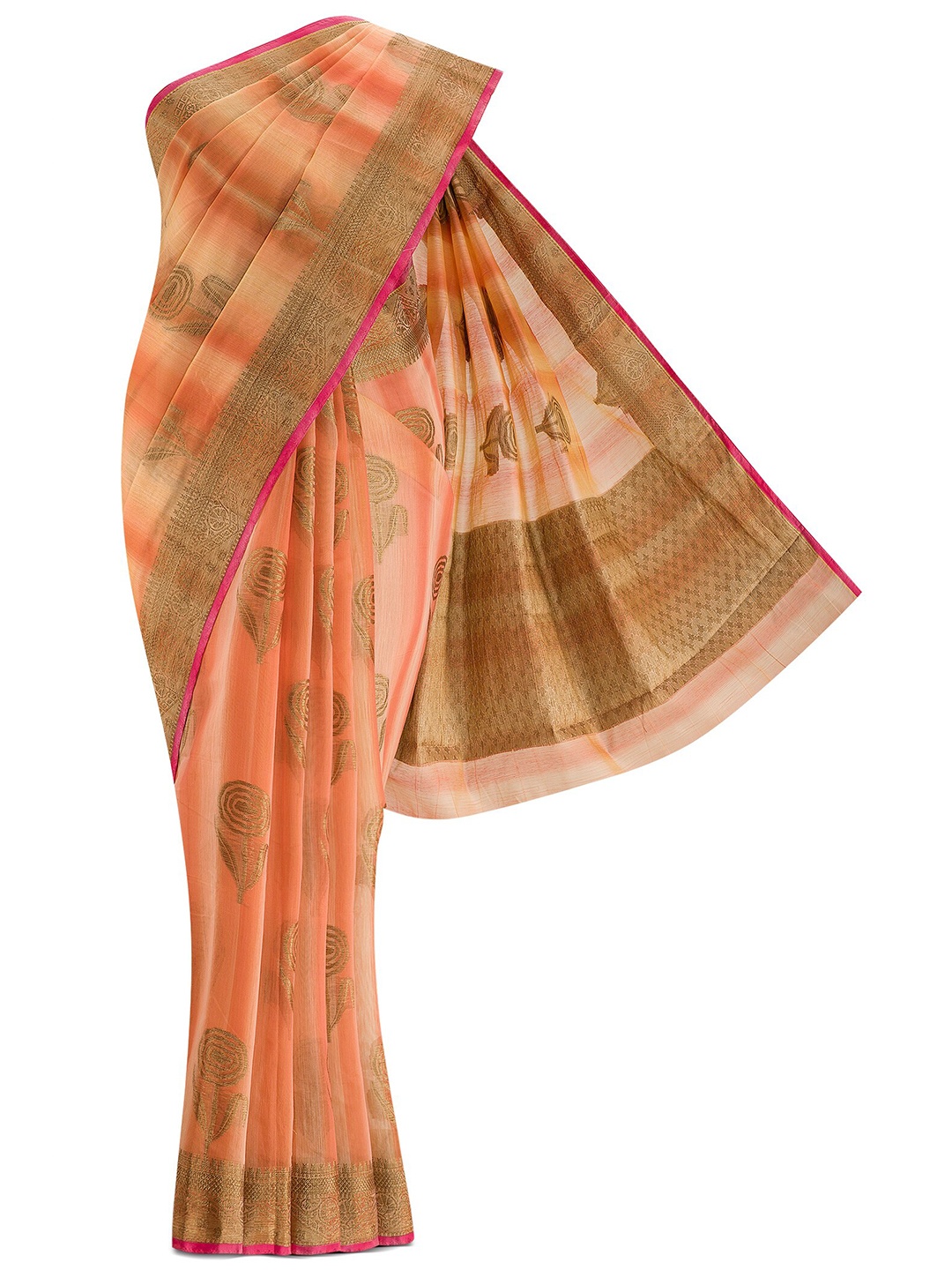 

Nalli Next Women Orange & Gold-Toned Woven Design Zari Silk Cotton Banarasi Saree