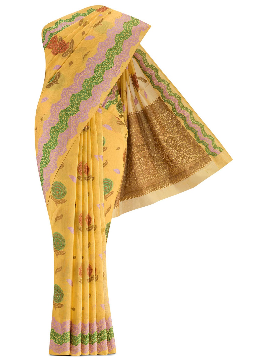 

Nalli Next Women Yellow & Green Floral Zari Silk Cotton Banarasi Saree