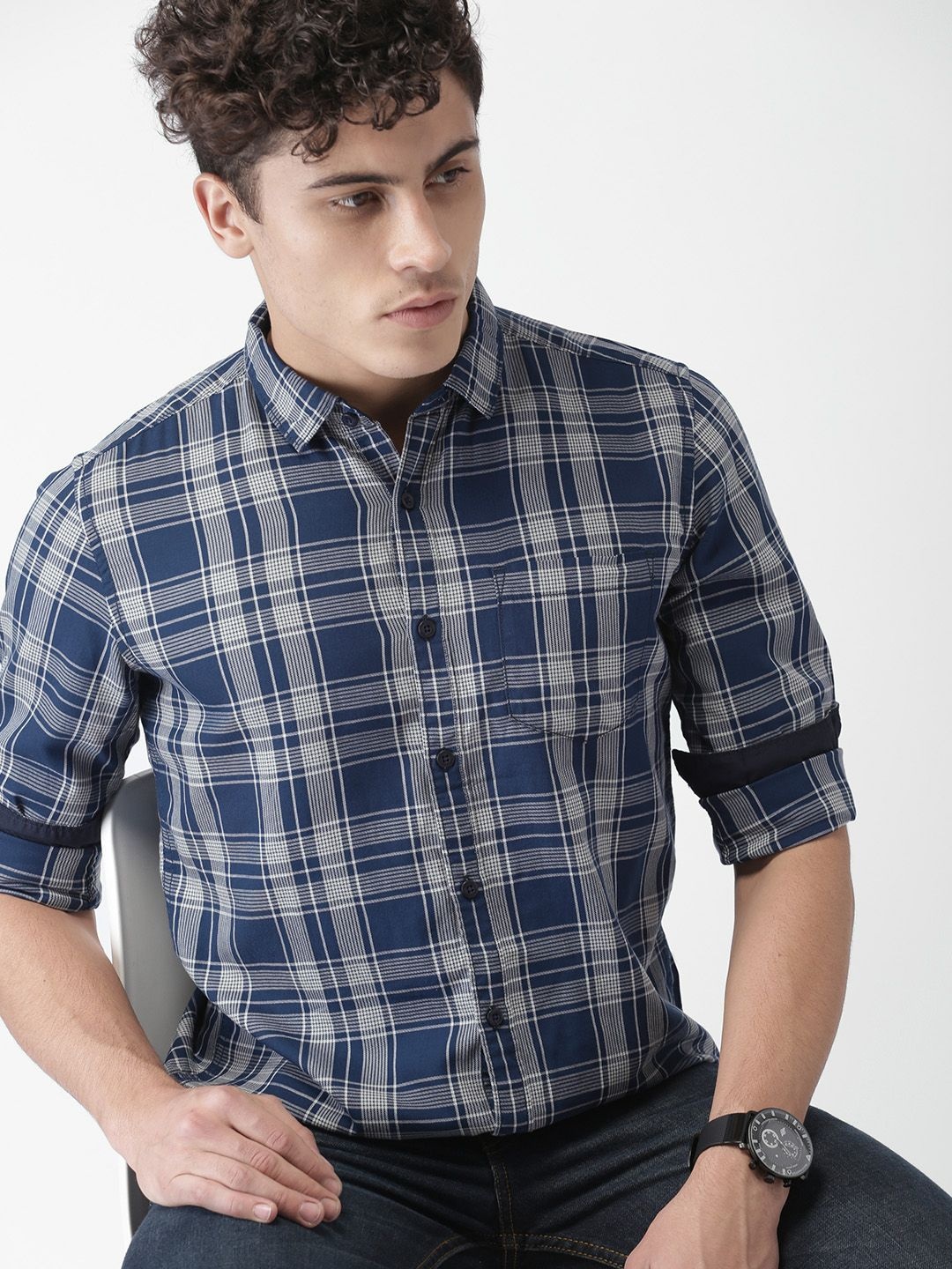 

HIGHLANDER Men Navy Blue & Off-White Slim Fit Checked Casual Shirt
