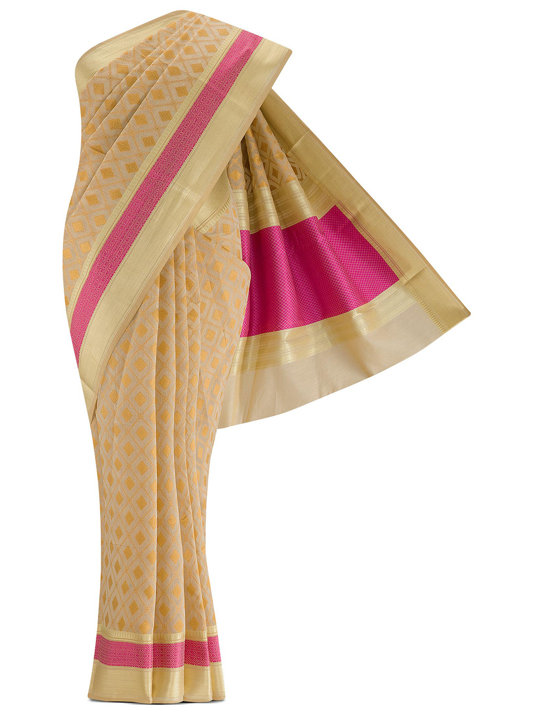 

Nalli Next Cream-Coloured & Pink Woven Design Zari Silk Cotton Banarasi Saree