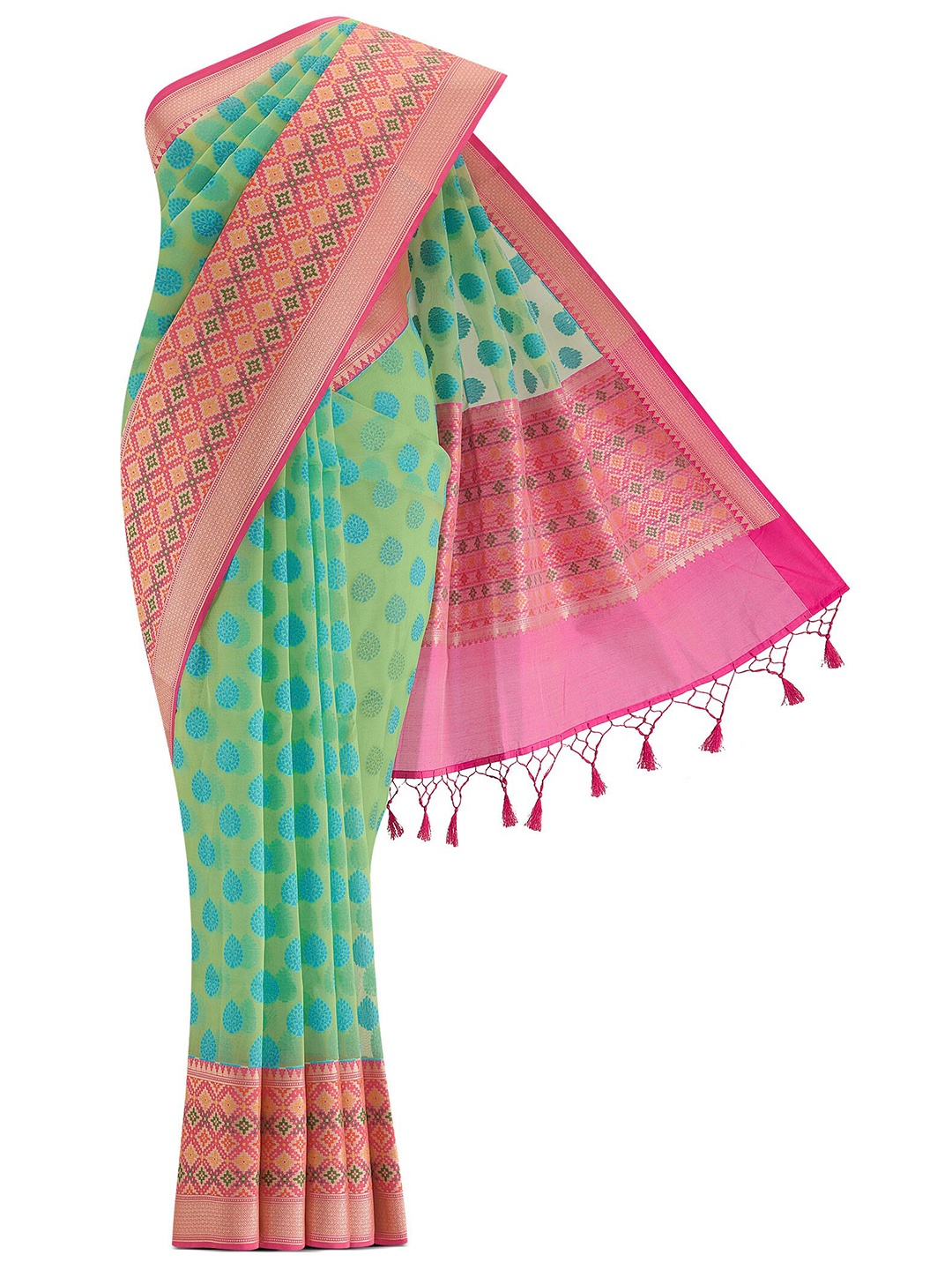 

Nalli Next Green & Pink Woven Design Zari Kora Saree