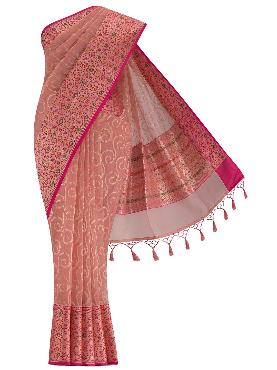 

Nalli Next Peach-Coloured & Gold-Toned Ethnic Motifs Woven Zari Saree