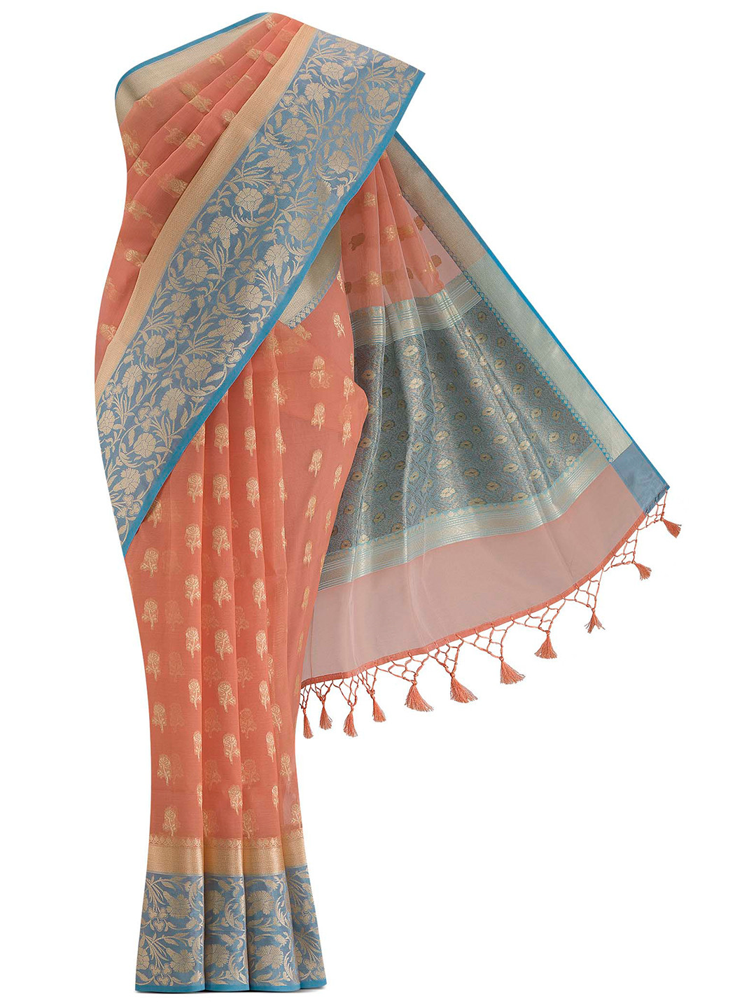

Nalli Next Coral & Blue Woven Design Zari Saree