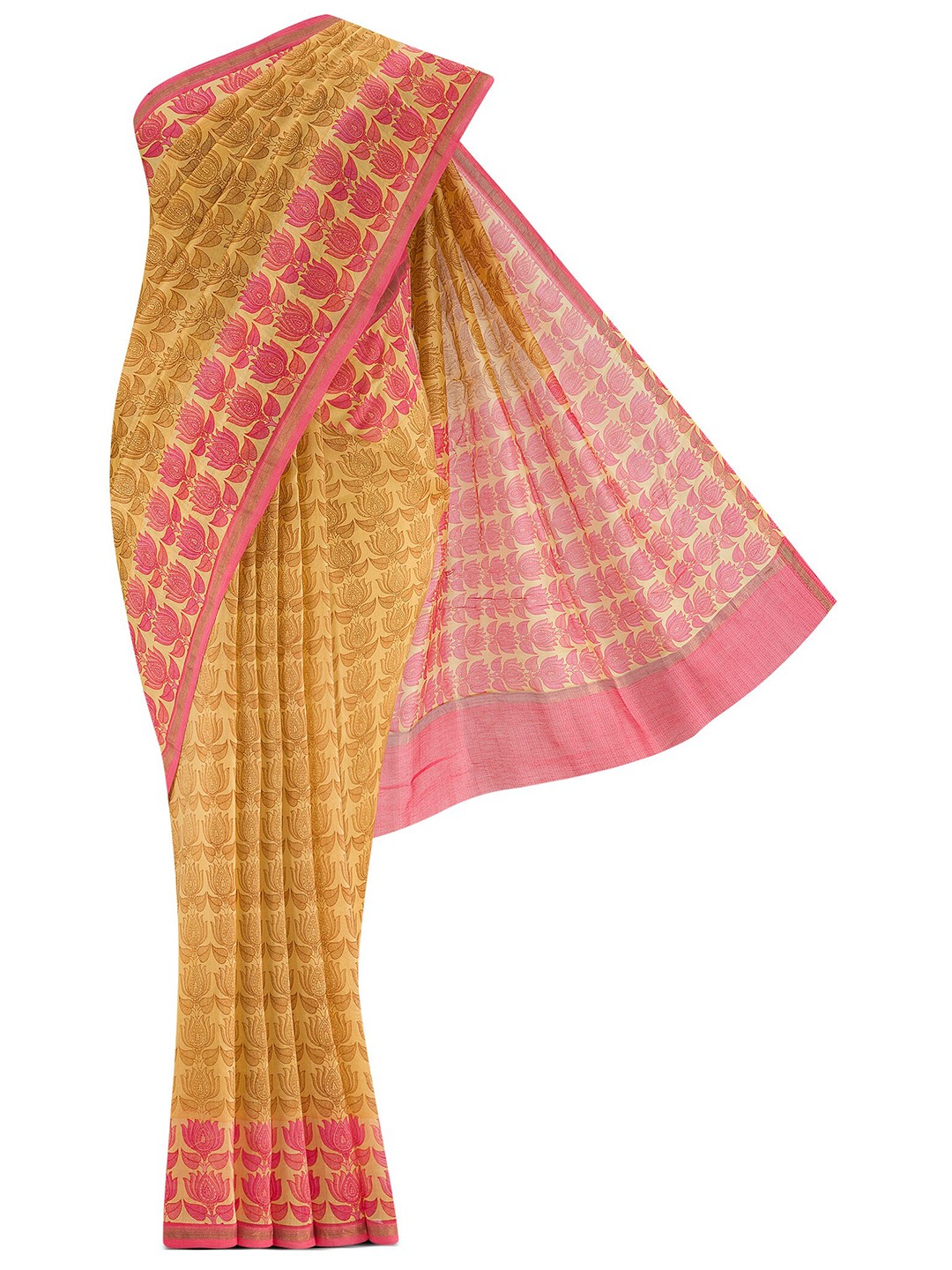 

Nalli Next Yellow & Pink Floral Zari Silk Cotton Saree