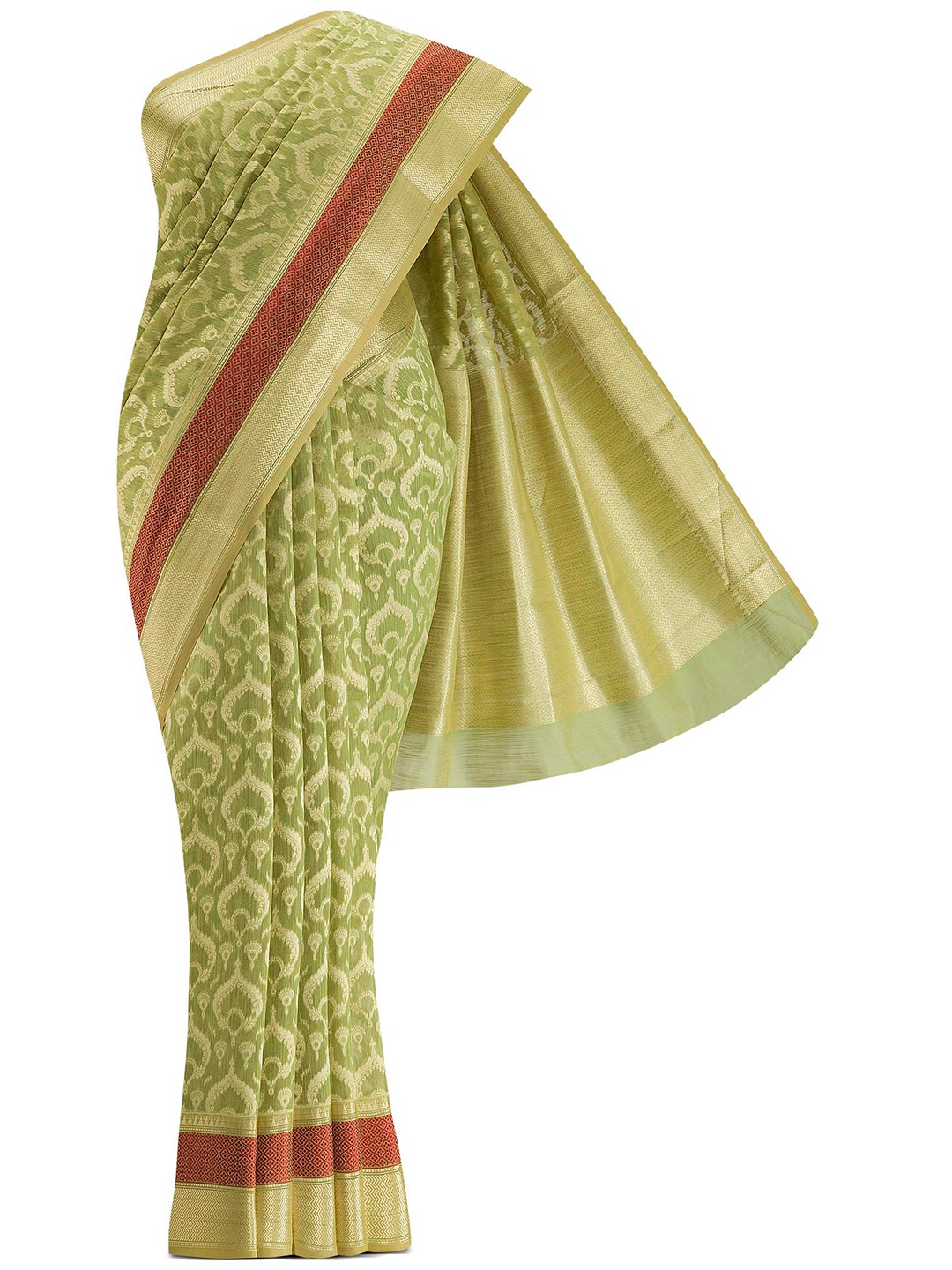 

Nalli Next Green & Red Ethnic Motifs Zari Silk Cotton Banarasi Saree