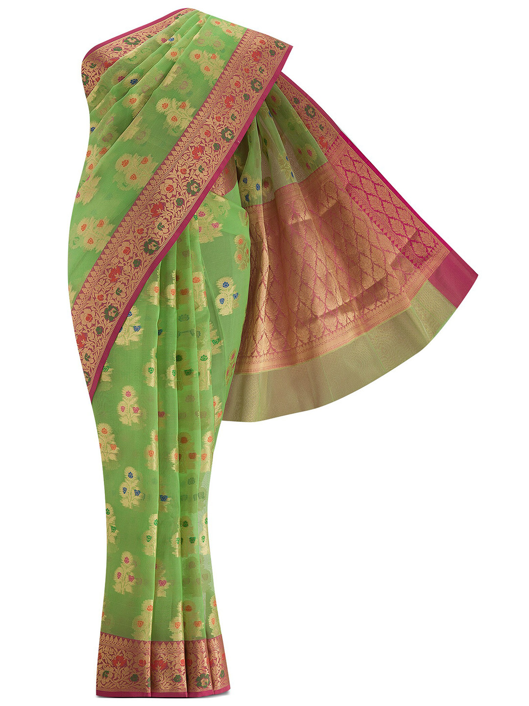 

Nalli Next Green & Pink Woven Design Zari Organza Saree