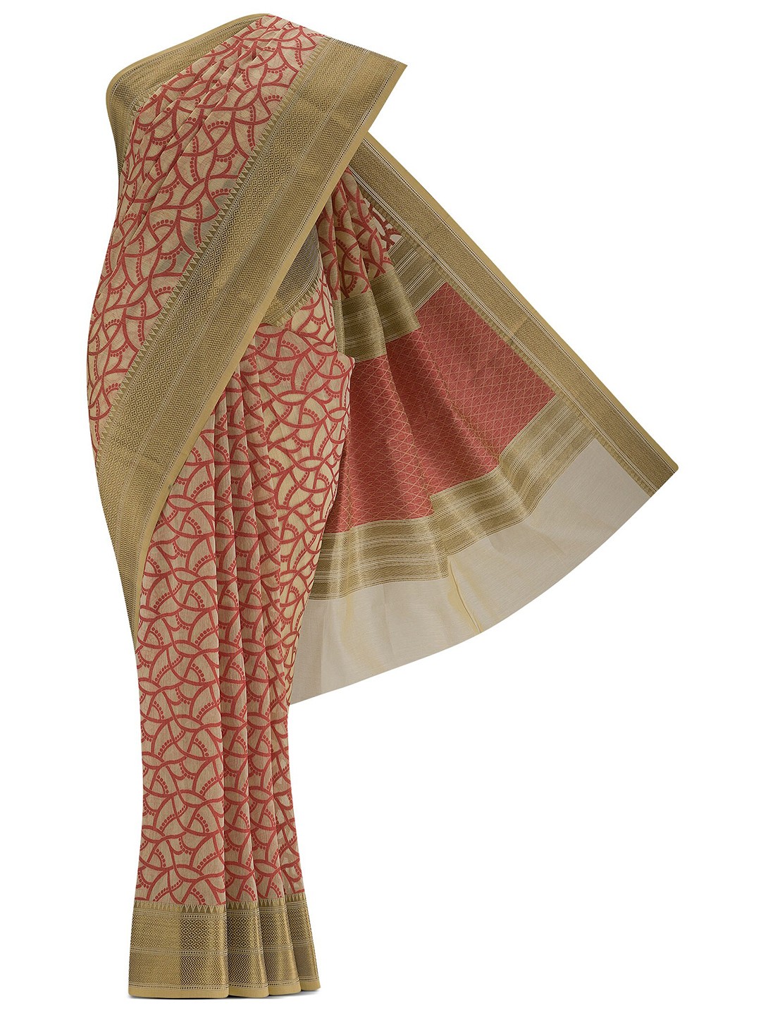 

Nalli Next Beige & Red Woven Design Zari Silk Cotton Banarasi Saree