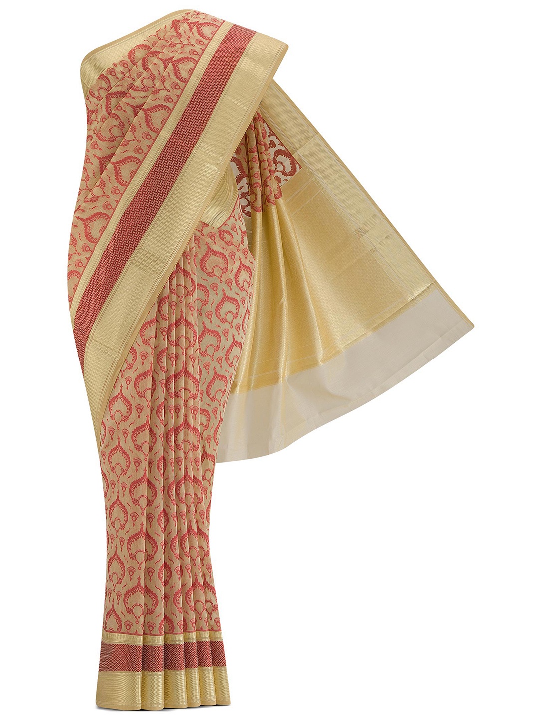 

Nalli Next Beige & Red Ethnic Motifs Zari Silk Cotton Banarasi Saree