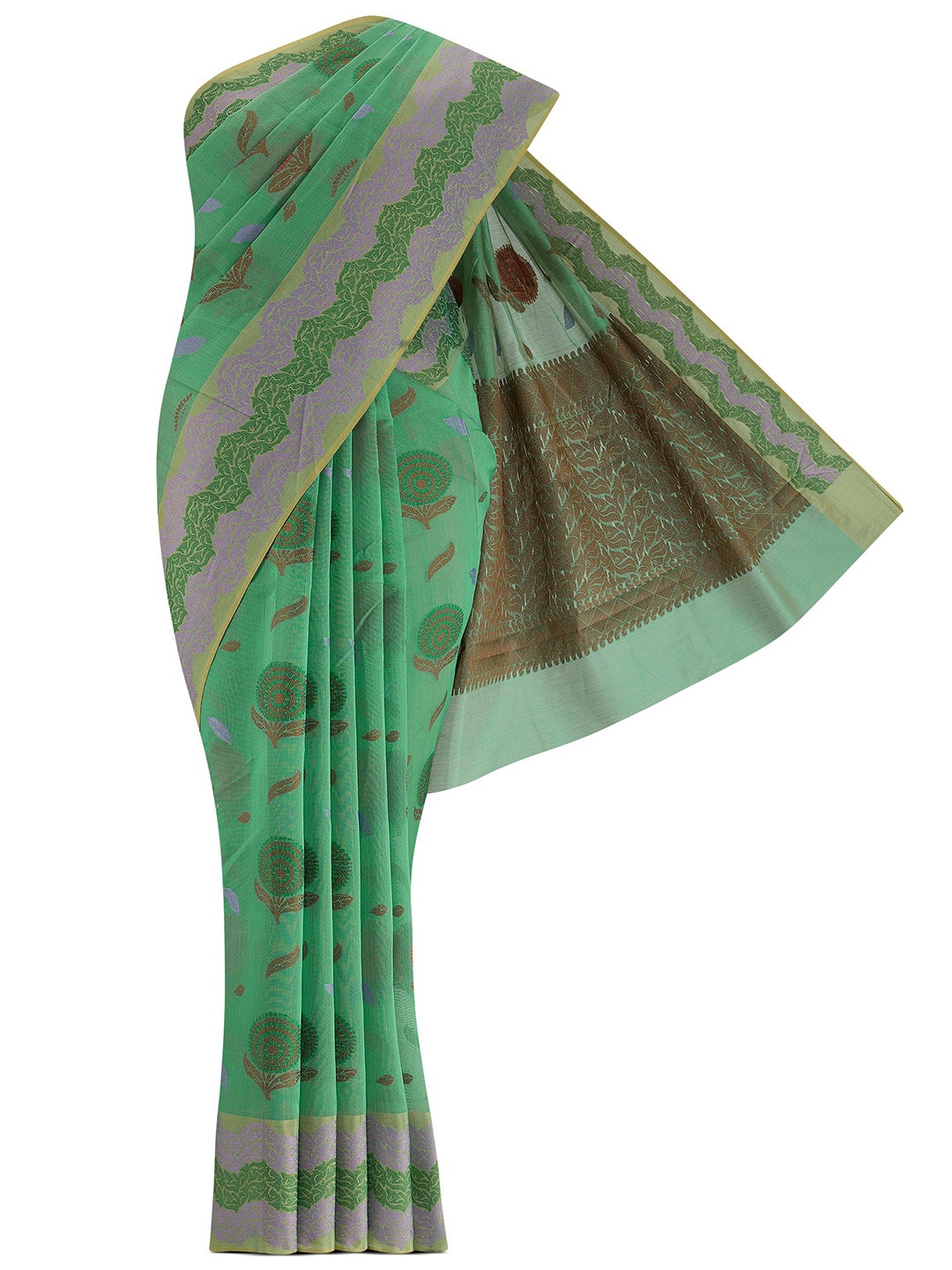 

Nalli Next Green & Purple Woven Design Zari Silk Cotton Banarasi Saree