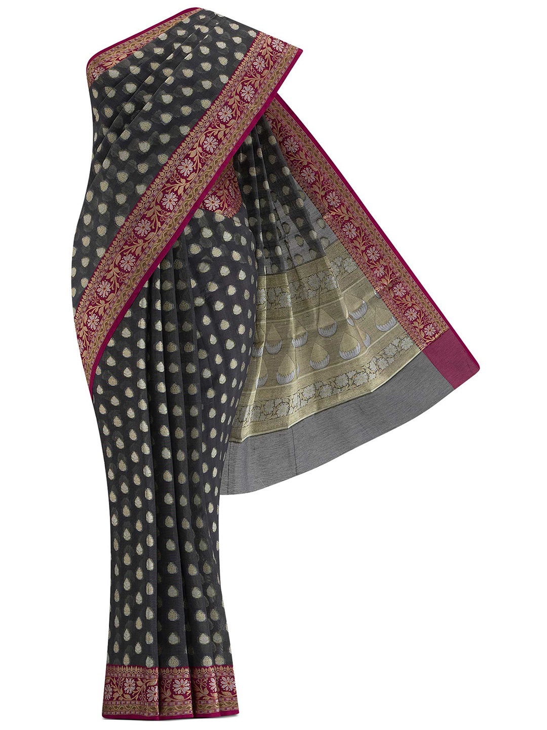 

Nalli Next Black & Gold-Toned Woven Design Silk Cotton Banarasi Saree