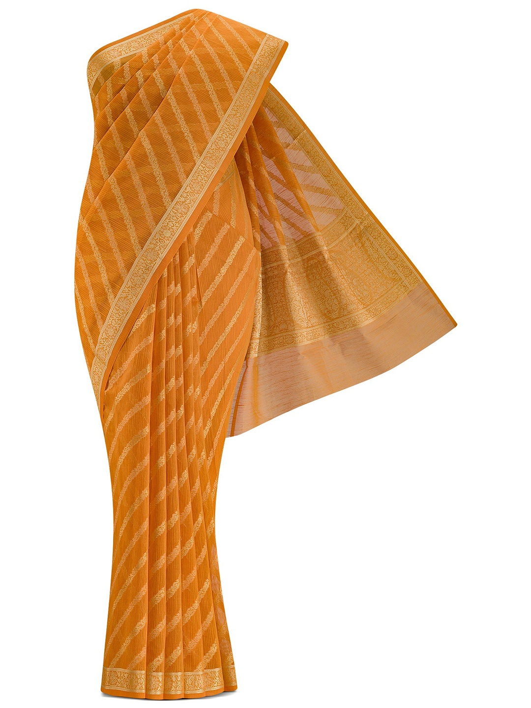 

Nalli Next Orange & Gold-Toned Striped Zari Saree
