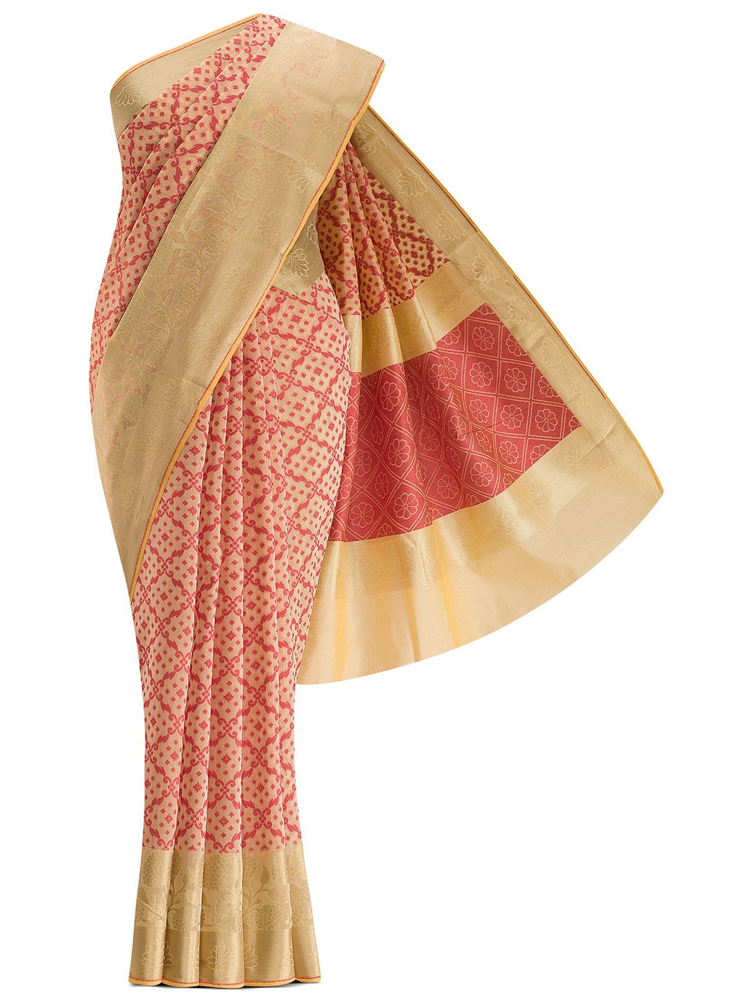 

Nalli Next Tan & Red Zari Silk Cotton Banarasi Saree