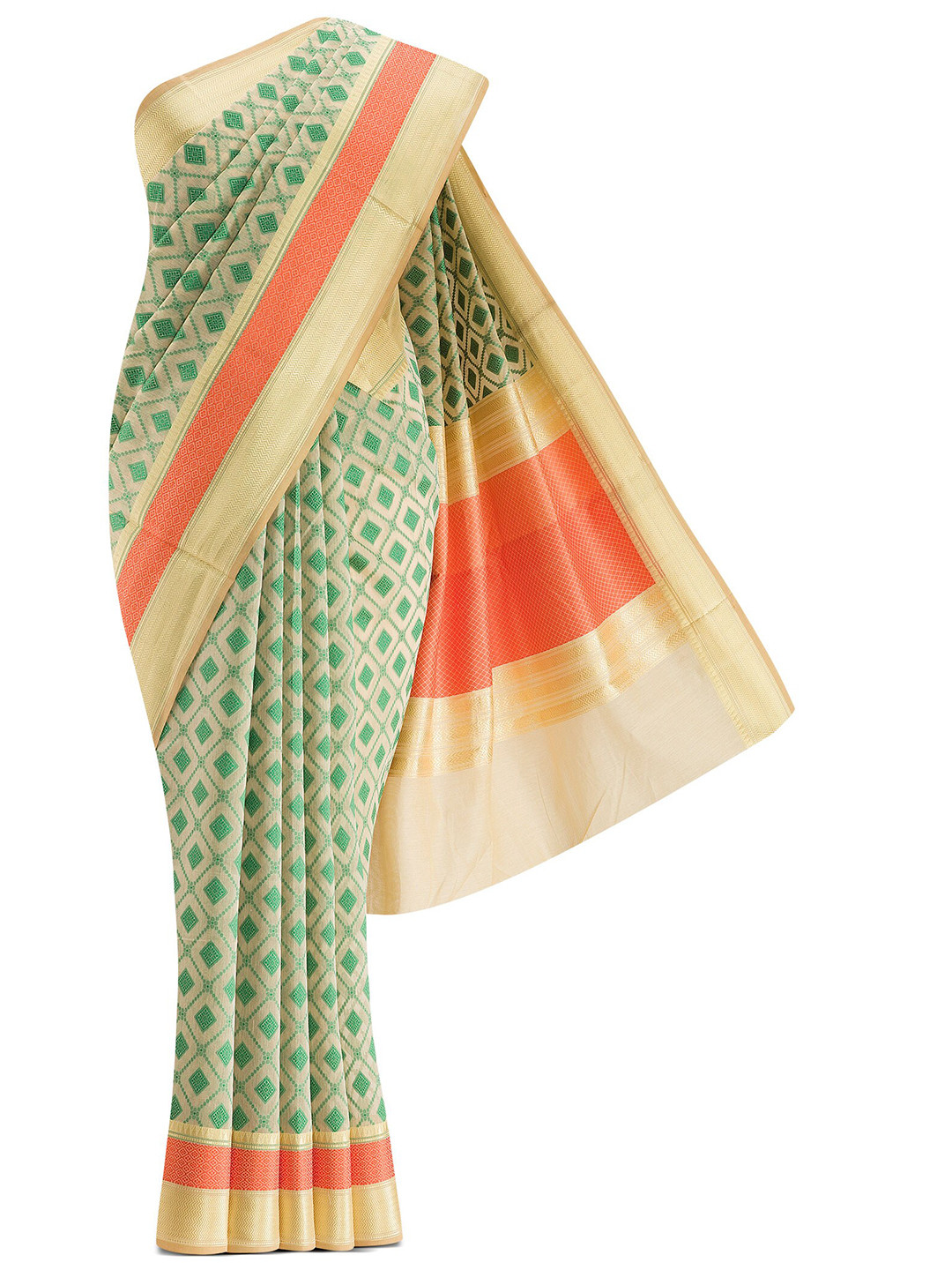 

Nalli Next Cream-Coloured & Green Zari Silk Cotton Banarasi Saree