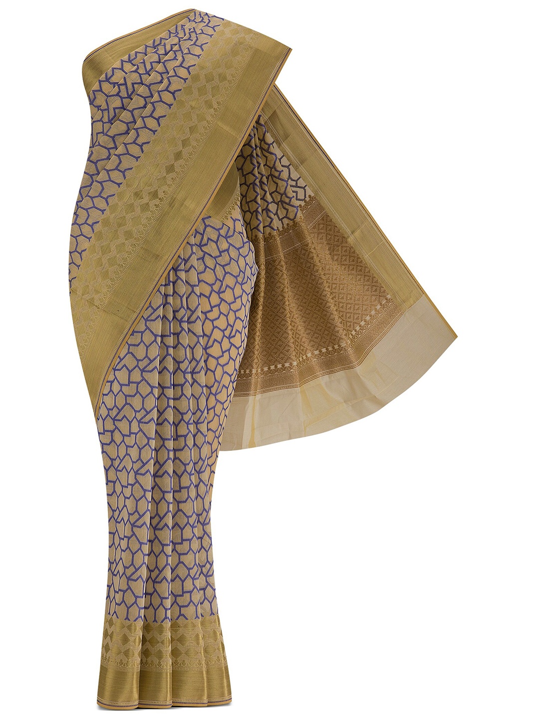 

Nalli Next Beige & Blue Woven Design Zari Silk Cotton Banarasi Saree