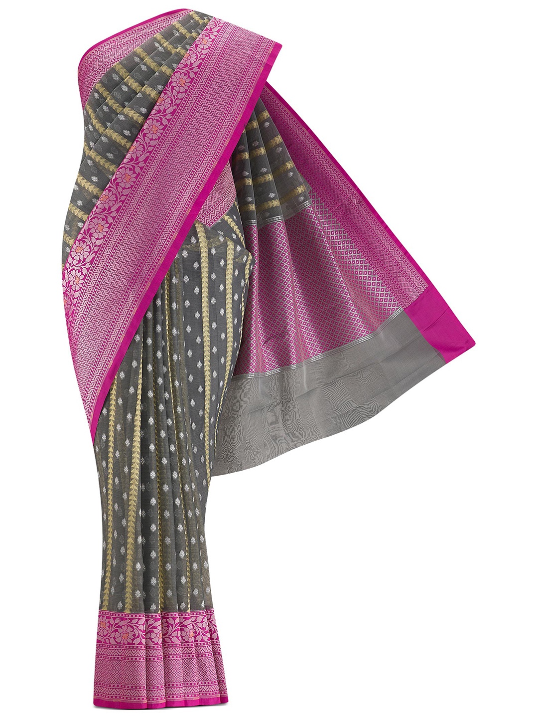 

Nalli Next Women Grey & Pink Woven Design Zari Organza Saree