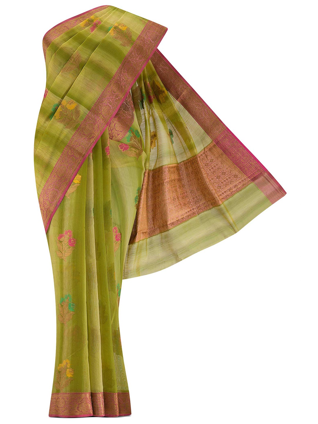 

Nalli Next Green & Gold-Toned Woven Design Zari Silk Cotton Banarasi Saree