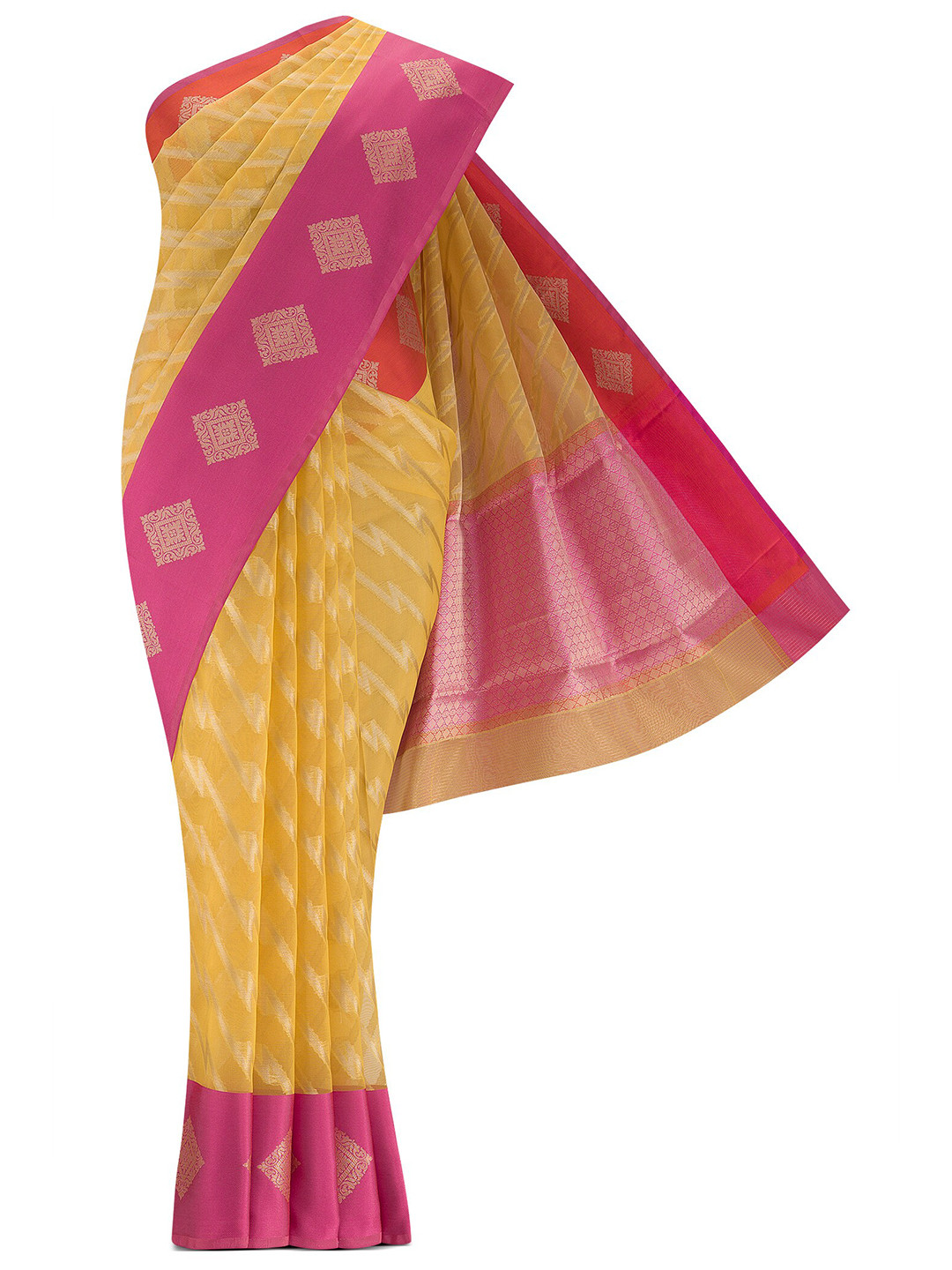 

Nalli Next Women Yellow & Pink Woven Design Zari Cotton Blend Saree