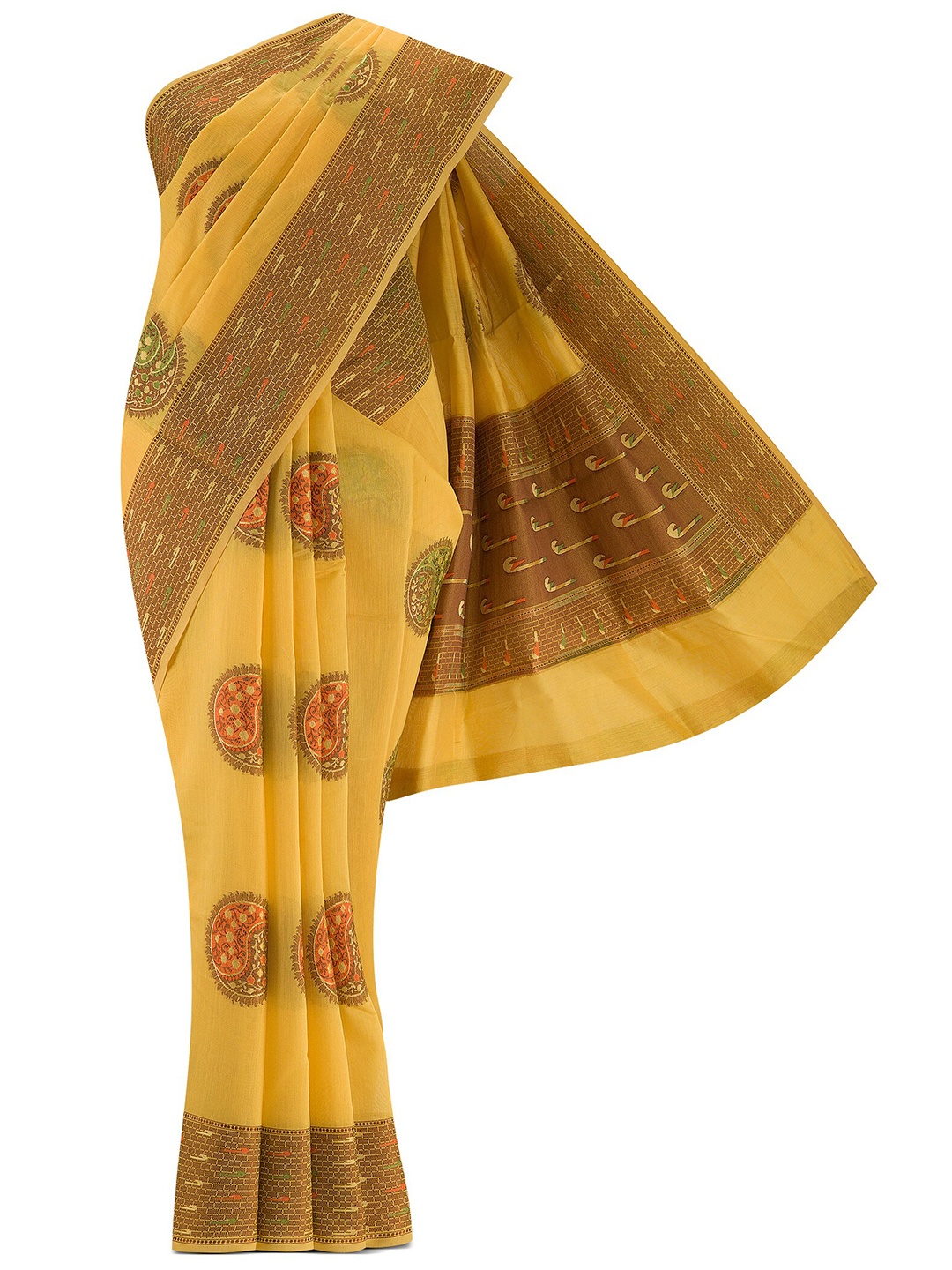 

Nalli Next Women Yellow & Red Woven Design Silk Cotton Banarasi Saree