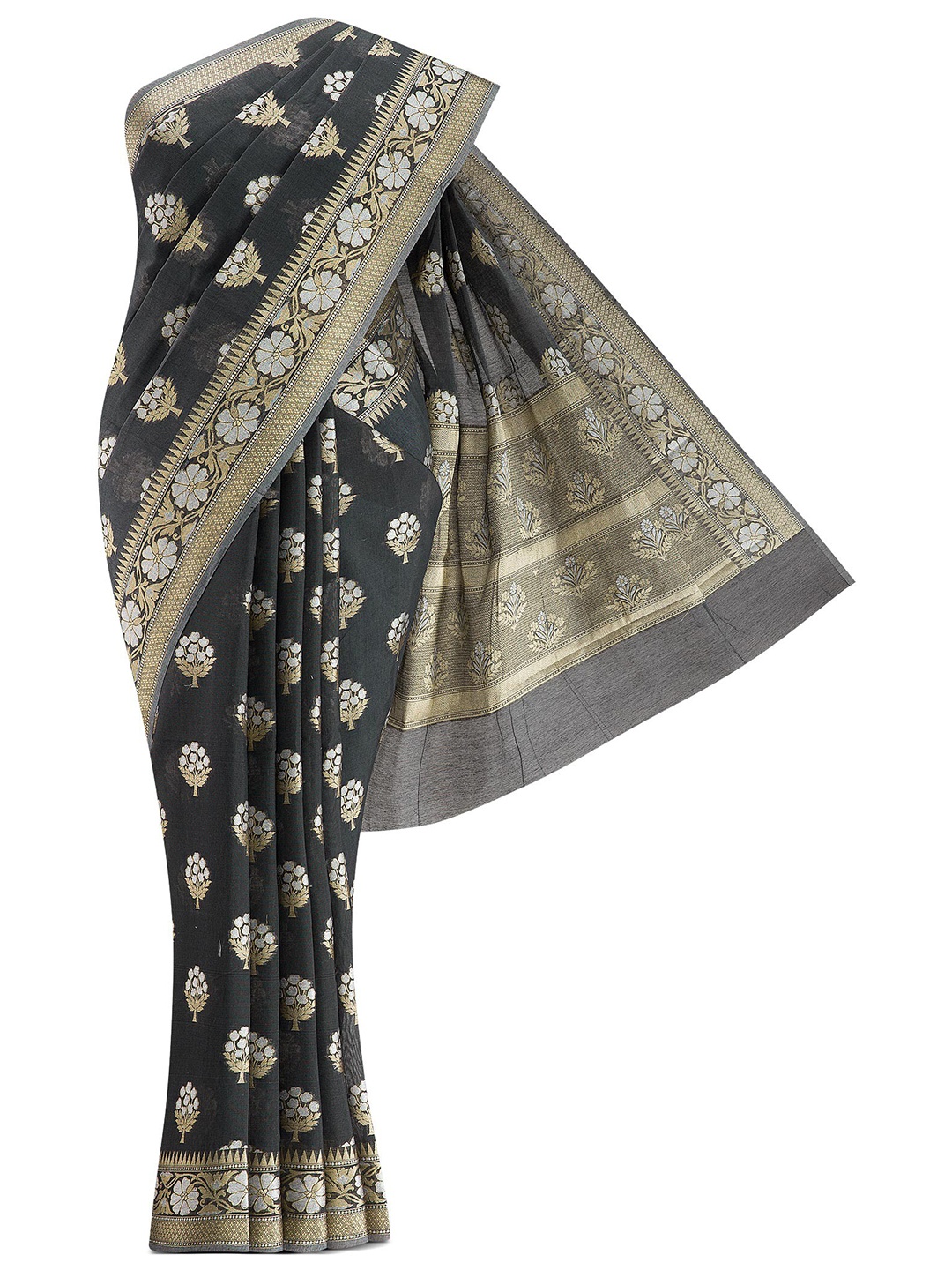 

Nalli Next Grey & Gold-Toned Floral Zari Silk Cotton Banarasi Saree