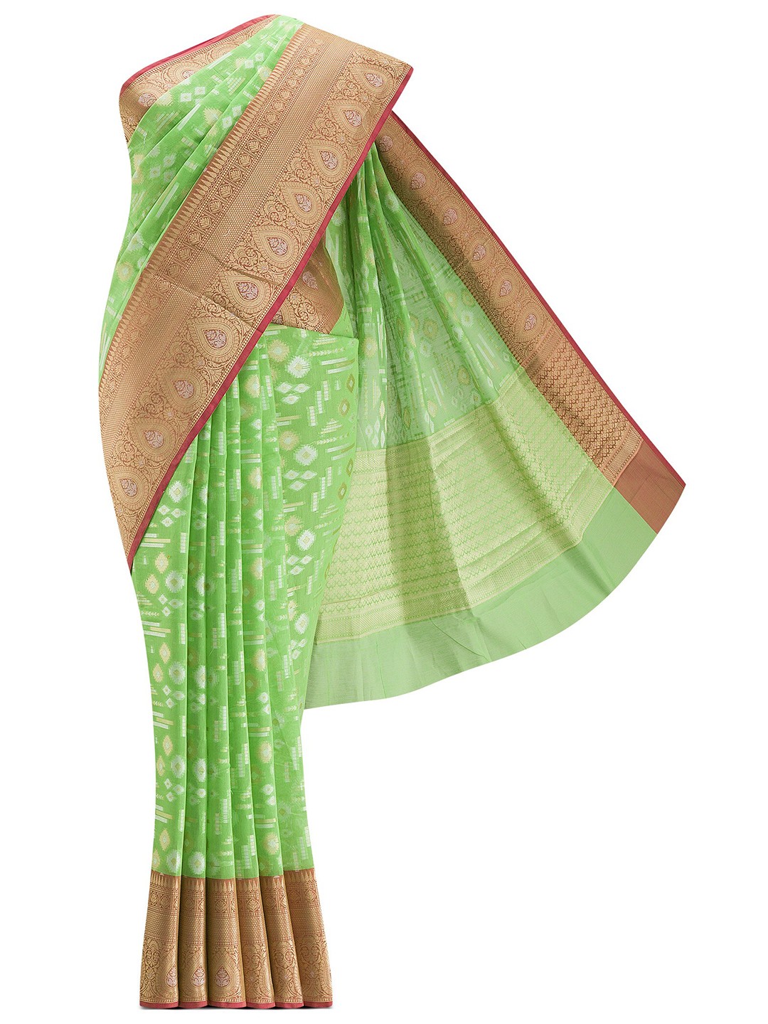 

Nalli Next Green & Red Ethnic Motifs Zari Silk Cotton Banarasi Saree