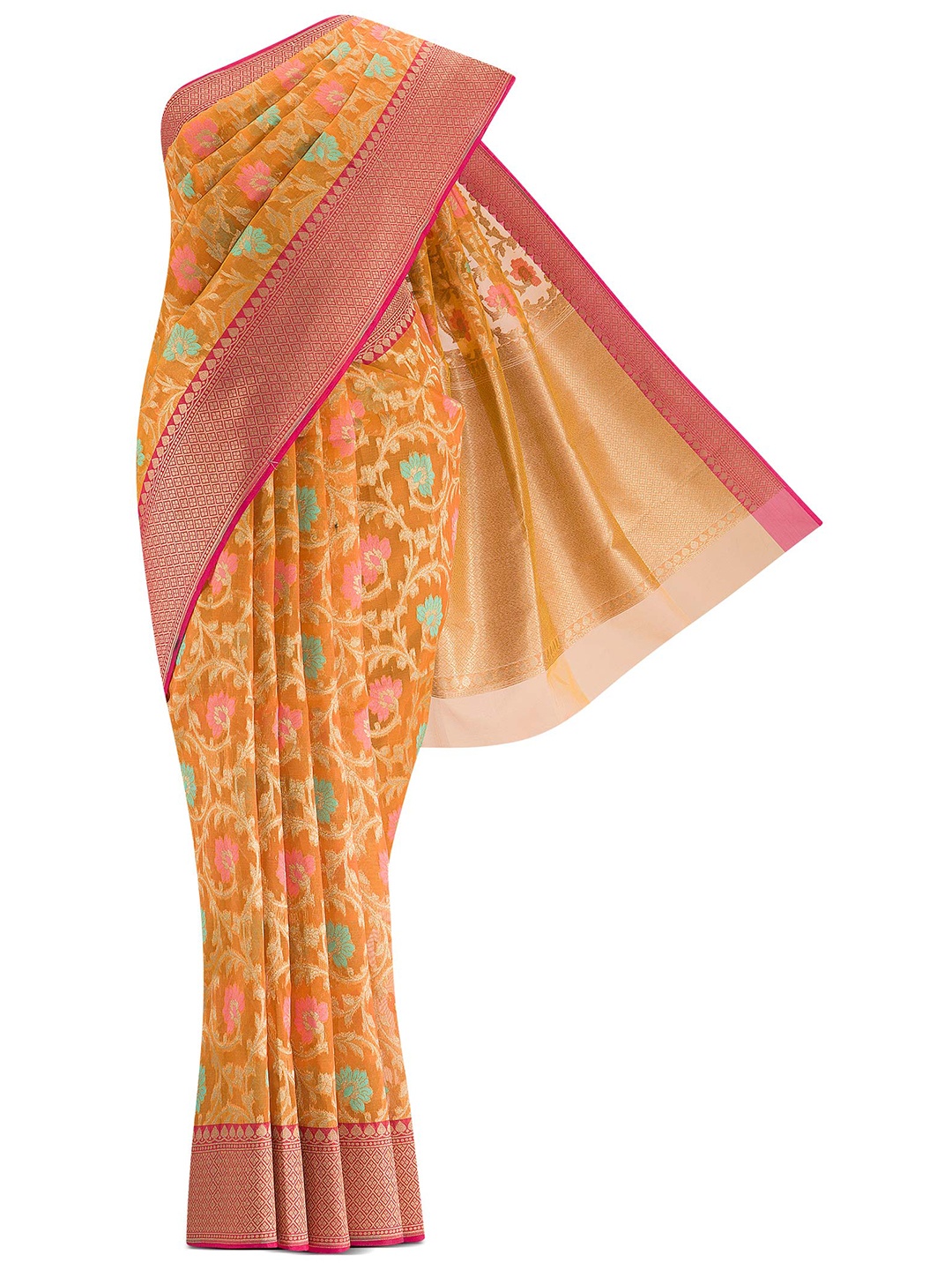 

Nalli Next Orange & Pink Woven Design Zari Organza Saree