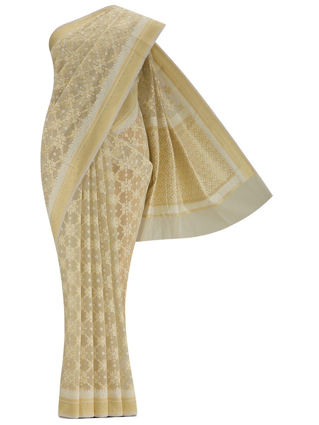 

Nalli Next Cream-Coloured & Gold-Toned Woven Design Zari Silk Cotton Banarasi Saree