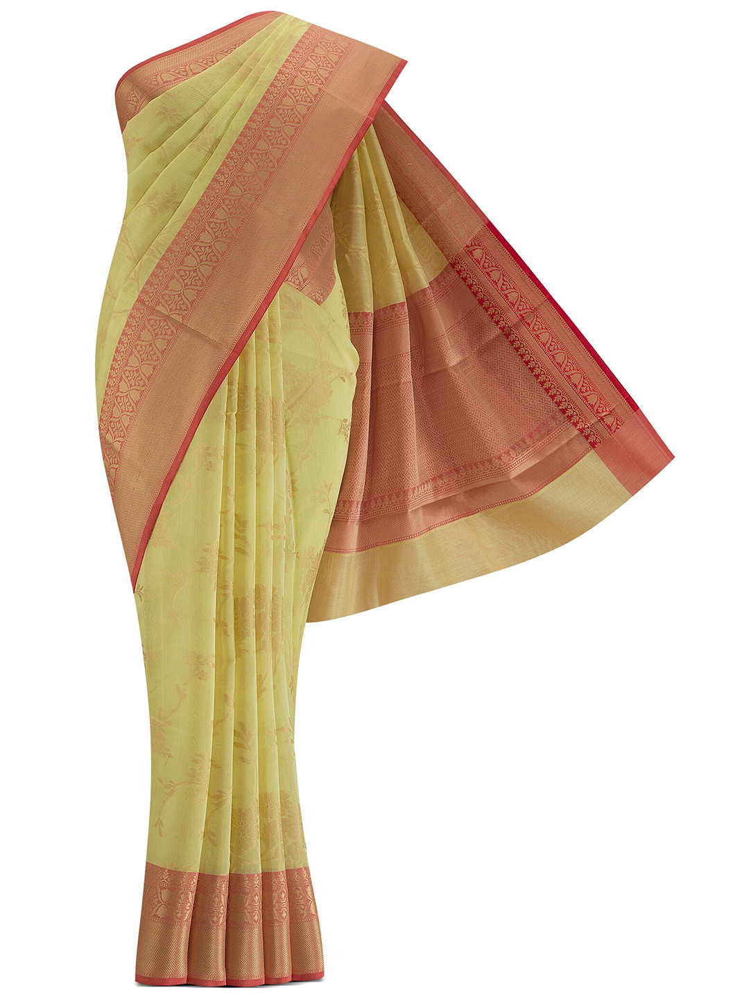 

Nalli Next Yellow & Pink Floral Zari Silk Cotton Banarasi Saree
