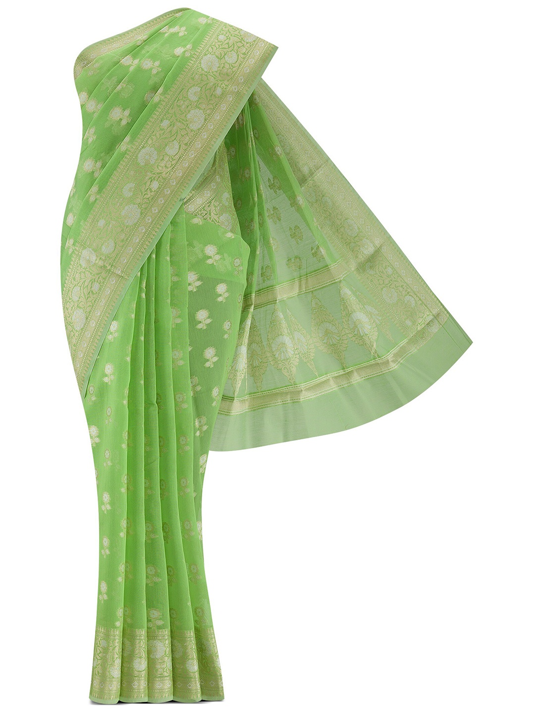 

Nalli Next Green & Gold-Toned Ethnic Motifs Zari Silk Cotton Banarasi Saree