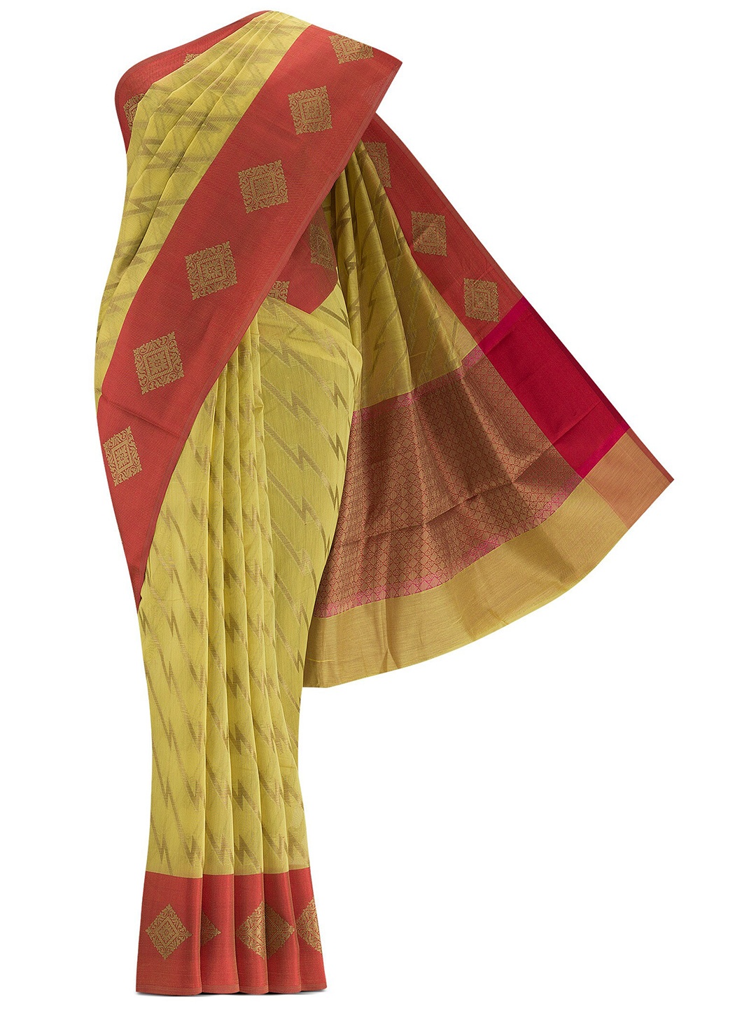 

Nalli Next Yellow & Rust Woven Design Zari Silk Cotton Banarasi Saree