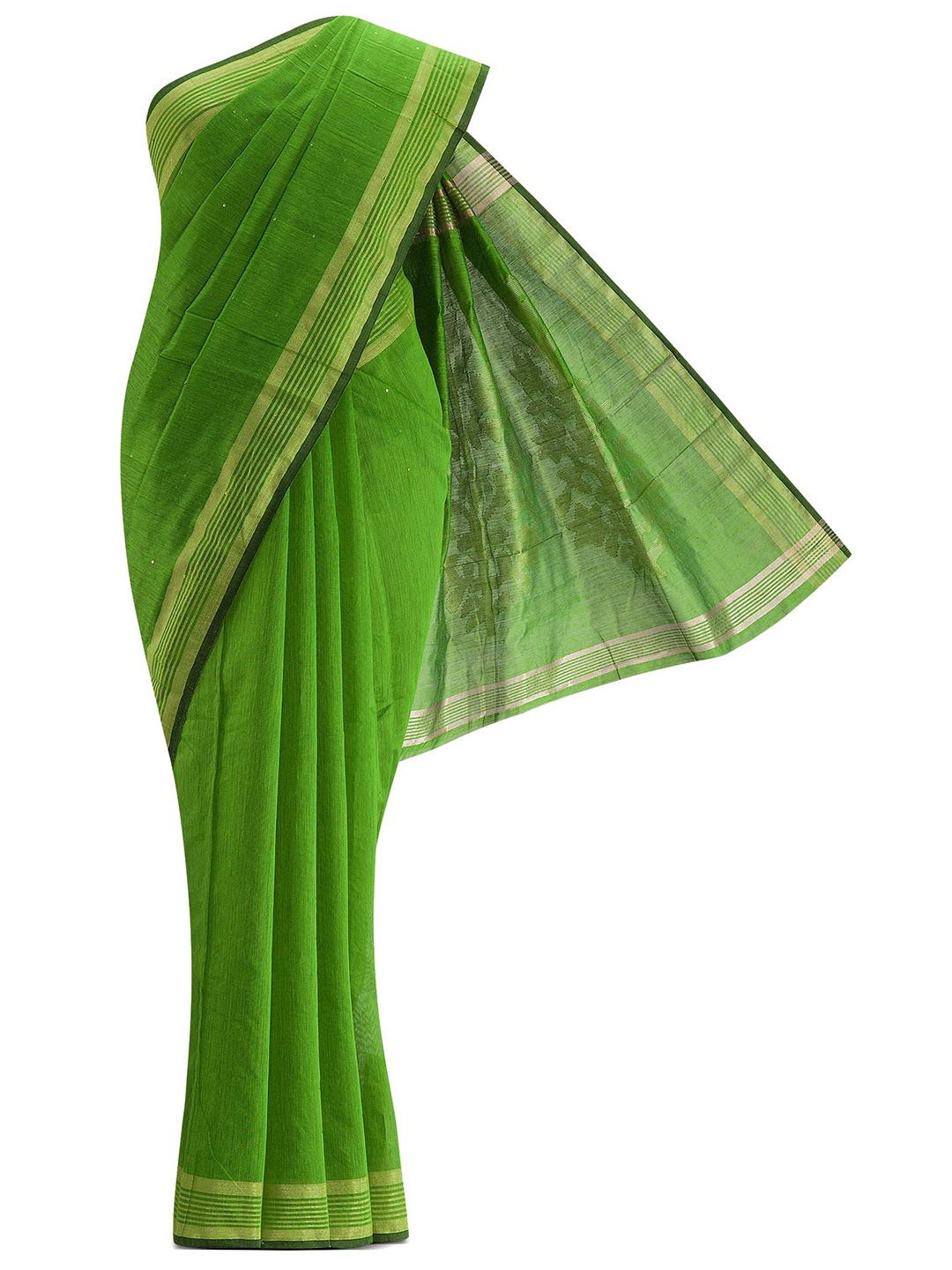 

Nalli Next Green & Gold-Toned Striped Zari Silk Cotton Saree