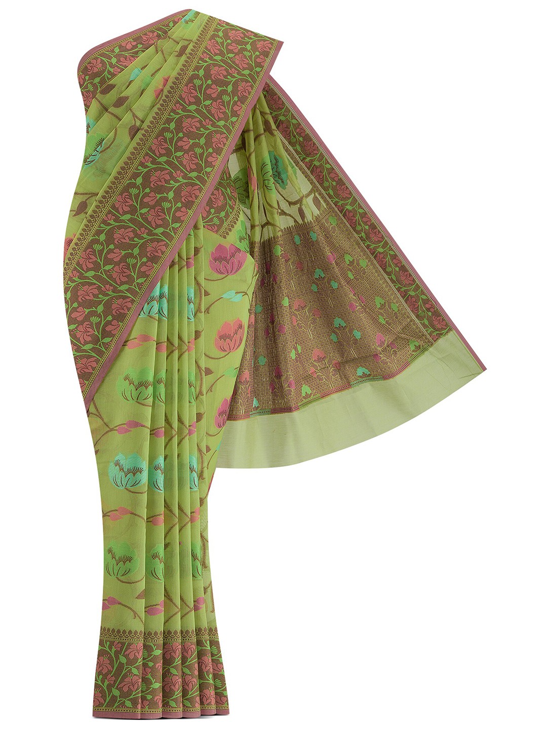 

Nalli Next Green & Pink Woven Design Zari Silk Cotton Banarasi Saree