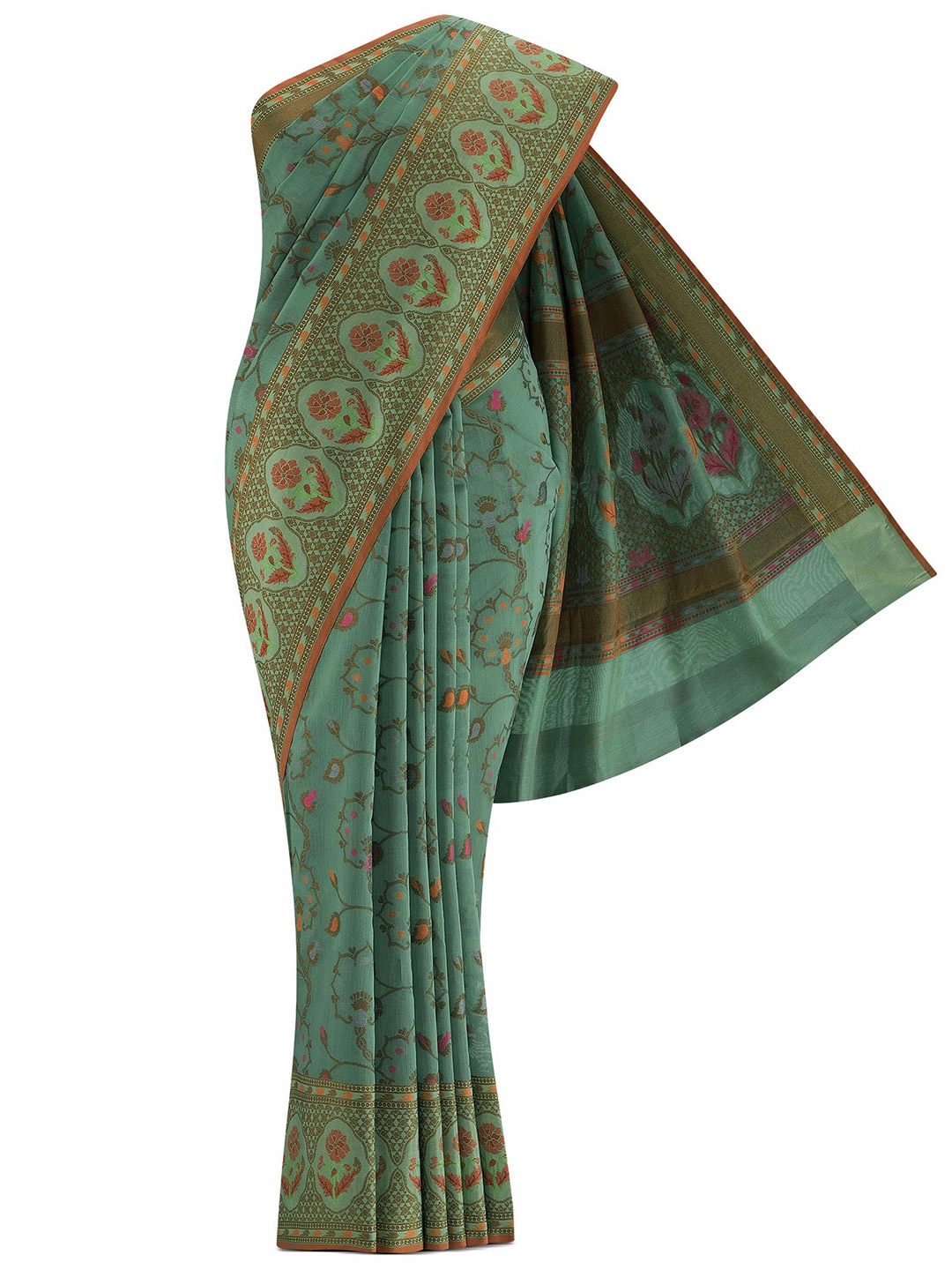 

Nalli Next Green & Coral Woven Design Zari Silk Cotton Banarasi Saree