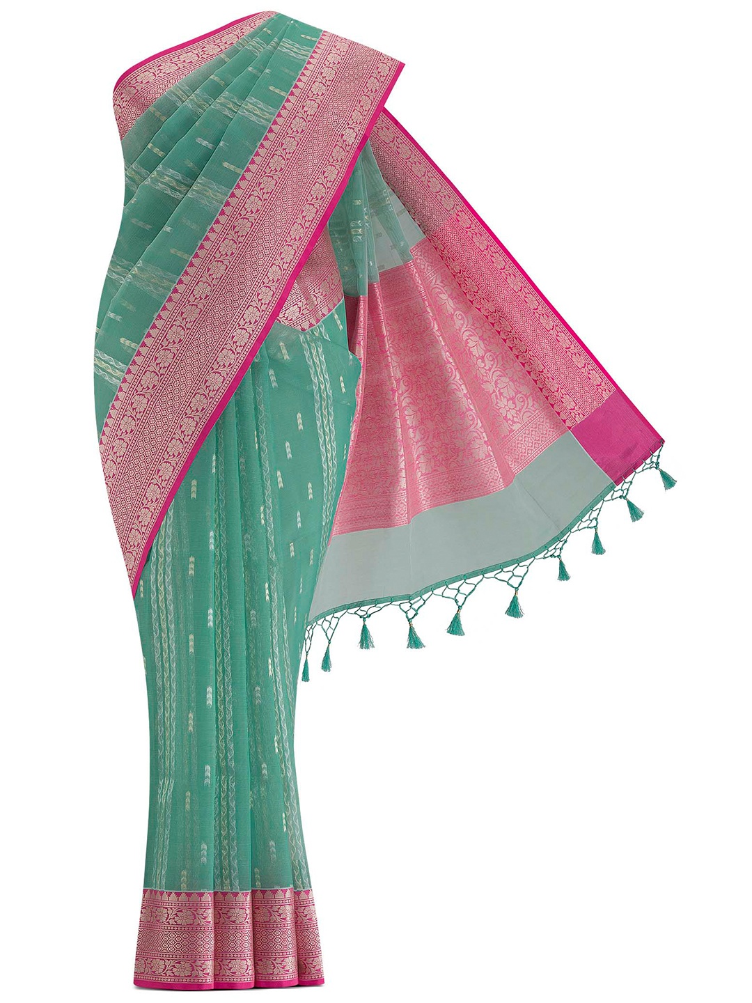 

Nalli Next Green & Pink Woven Design Zari Cotton Blend Saree