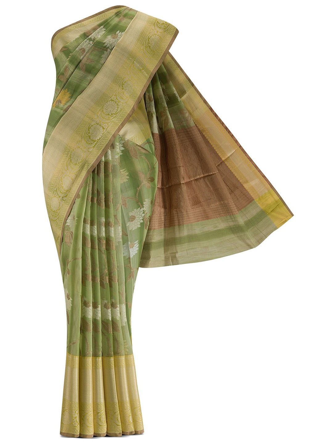 

Nalli Next Green & Gold-Toned Woven Design Zari Silk Cotton Banarasi Saree